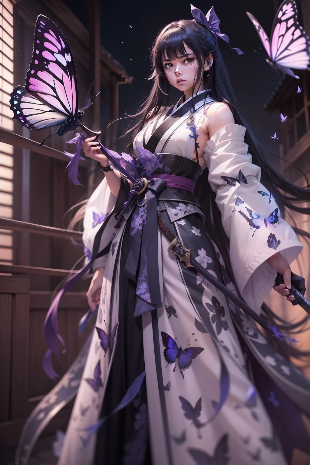 Ghost Slayer's Blade，Butterfly Shinobu，Bug column，in the darkness nigth，Eau，the night，starrysky，The focus blur wrapped softly around her，Ray traching，Photorealistic photorealism，poster for，Very detailed faces，4K，（The best of the best），（tmasterpiece），animemanga girl，Long black hair tied with a bow，The body is covered with a butterfly wing pattern haori，Sword in hand