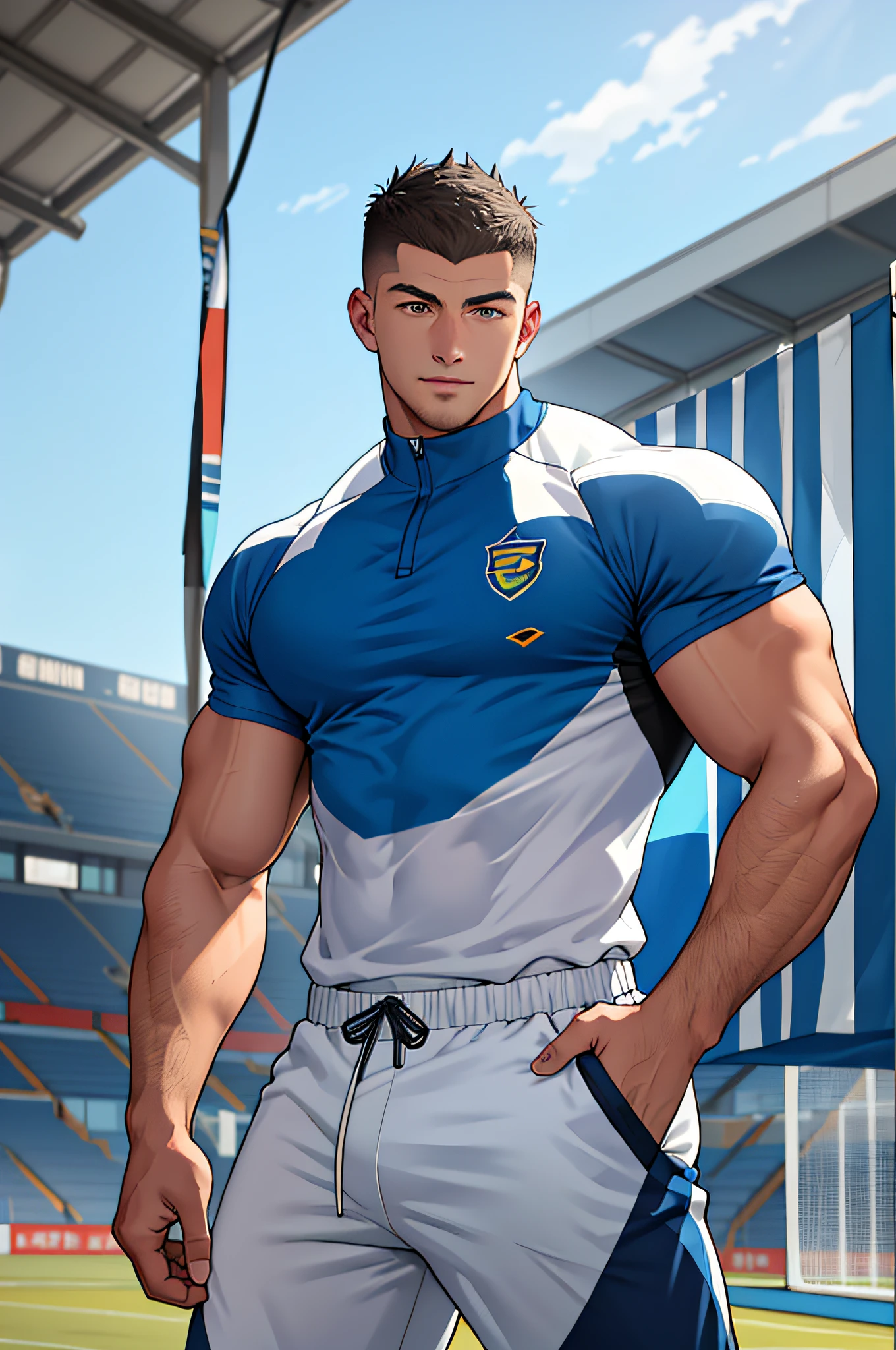 Draw a full-fledged athlete,Stand on the central field of the gym,He wears high-end sportswear,The man looks confident and determined,rays of sunshine,cheerful big breasts,Handsome,Crew cut,full bodyesbian,shooting from below,