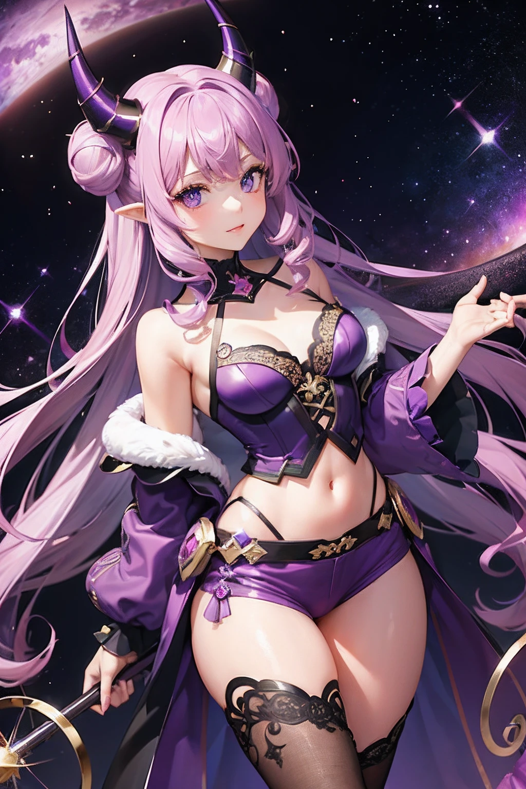 "1 girl with mauve purple hair, featuring darker highlights and beautiful curls. She has dragon horns and eyes that are a mesmerizing blend of blue and pink colors. She is adorned in an intricate galaxy outfit, showcasing a dark purple ensemble with purple shorts dangerie and an off-shoulder top, white lace, flat chest