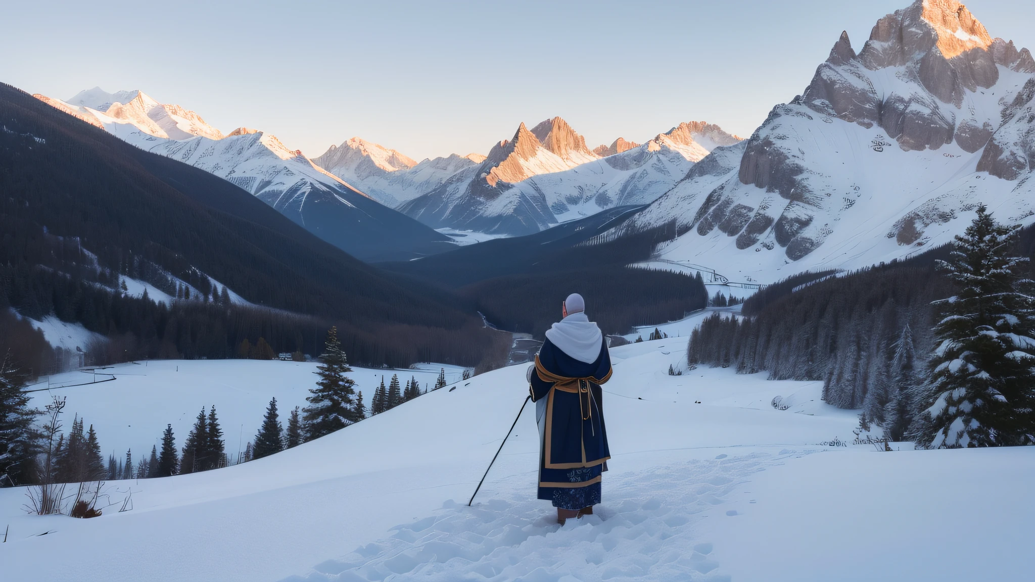 un atractivo joven monje budista, mirando al espectador en un templo budista rodeado de nieve, Majestic mountains in the background, paisaje nevado, high resolusion, ultranitido, 8k, obra maestra,