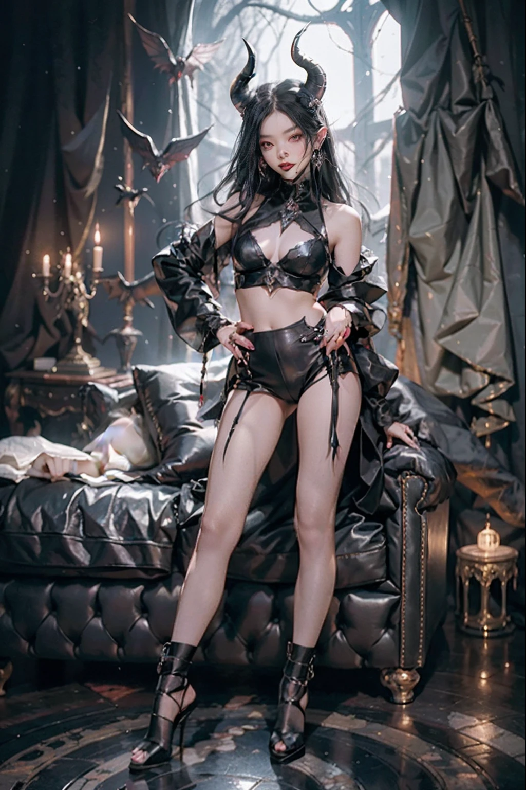 best qualtiy,tmasterpiece,超高分辨率,(Fidelity:1.4),RAW photogr,1girll,cinmatic lighting,The Witch,black leather bra,Black leather panties,Black leather socks,Devil's horn on the head,Diablo's horn,Exquisite facial features,Snow-white skin,Delicate Black Witch high heels,Scene Demon King Palace,Masterpiece, Best quality, Masterpiece, (1 girl), Evil witch, dark energy, Void, Eye in the sky, (Very evil), Dark magic, Dark forest, negaive energy, hell, Void, Star, Black hair,