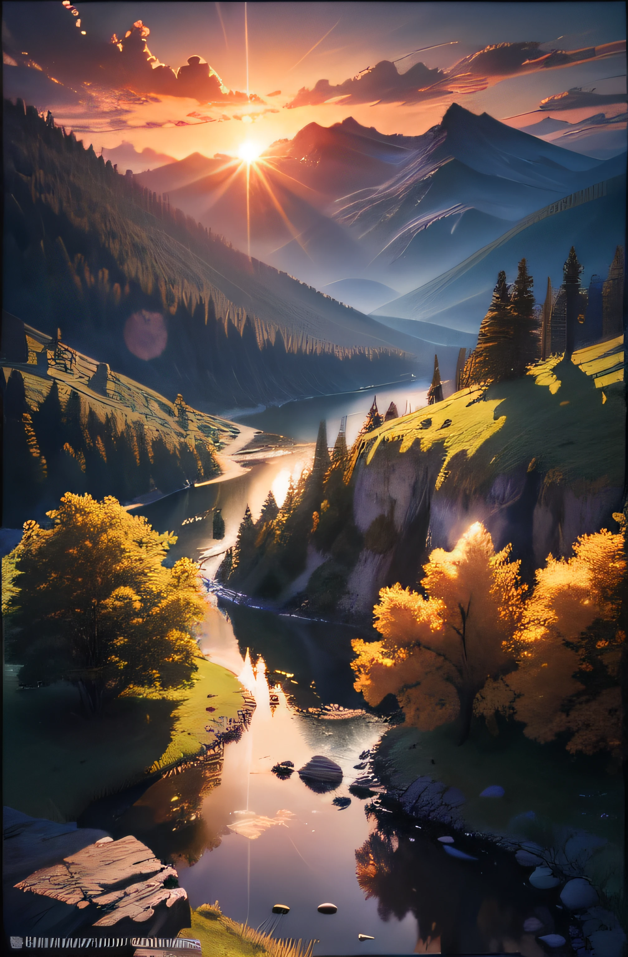 ultra detailed artistic photography, backlit, shadows, smooth, ultra high definition, 8k, ultra sharp focus, intricate artwork masterpiece, highly detailed, vibrant, production cinematic character render, ultra high quality model, sunset, hills, lakes around, forest, mildly cloudy