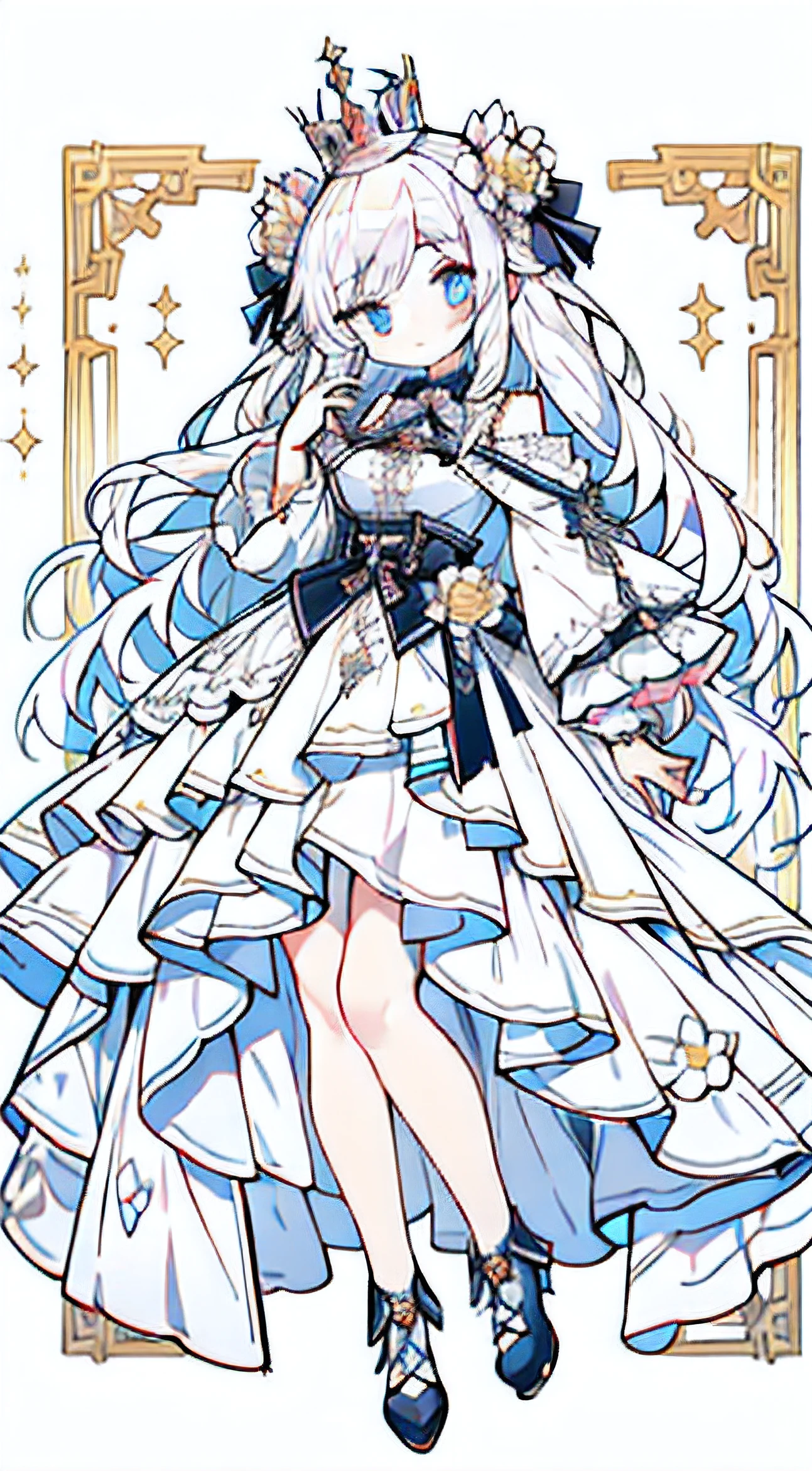 （Full body photo），（Masterpiece），（Extremely detailed depiction），One has long white hair、A flower stuck in his hair、Wearing a crown、Woman holding a flower in her hand，Artgerm，detailed art，Detailed drawing，rococo，adolable