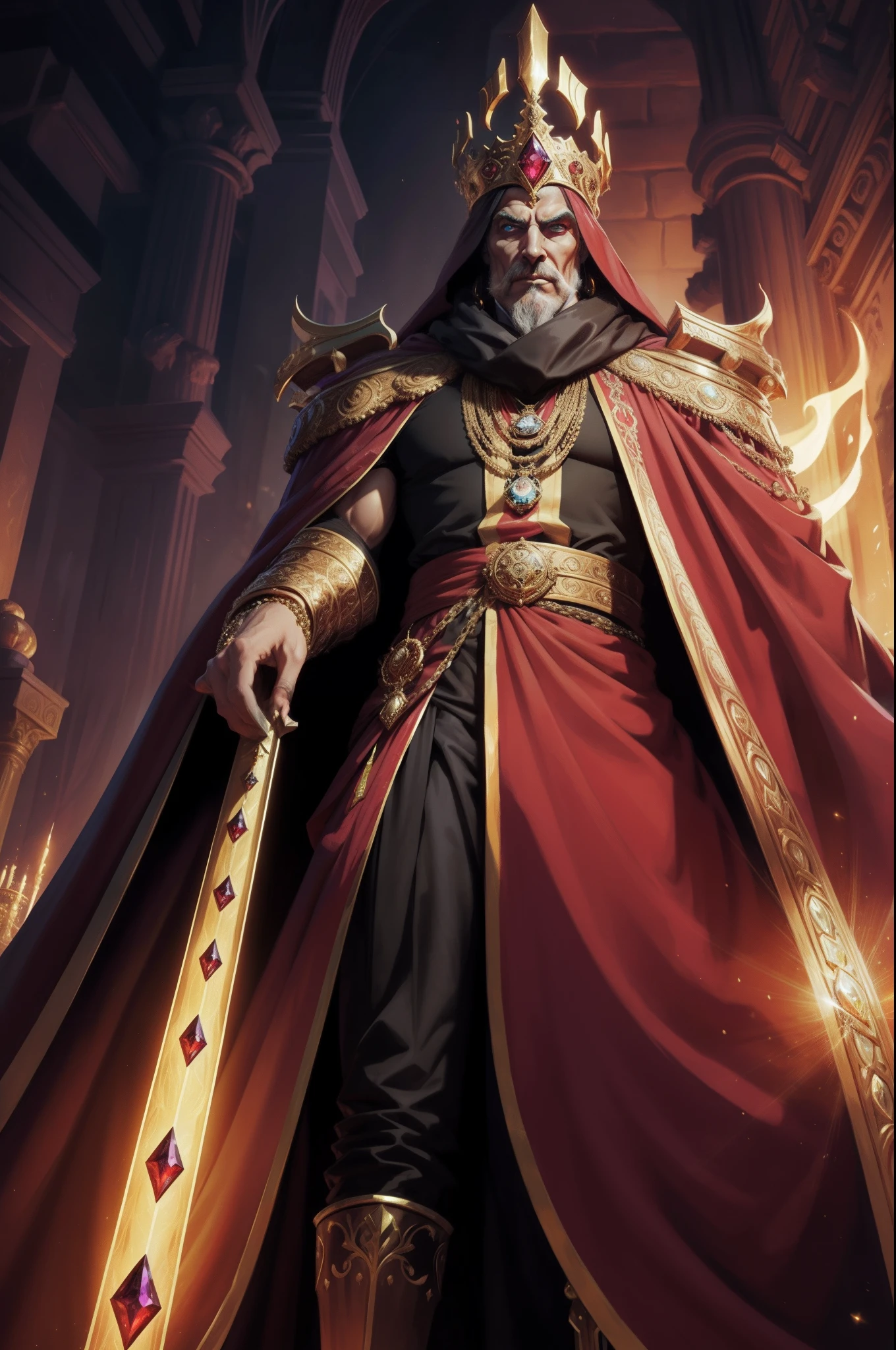 Lord Avarax is a towering and imposing figure, draped in extravagant robes adorned with gemstones. His eyes gleam with avarice, and his every action is driven by an insatiable desire for wealth and power. He has amassed a hoard of treasures and magical artifacts beyond imagination, all for the pursuit of his boundless greed.