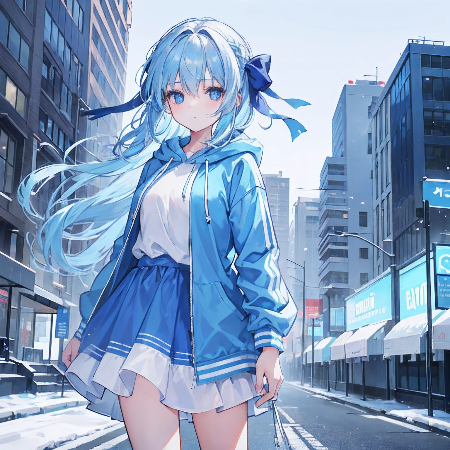 1girl, with light blue hair and blue eyes, wearing 2 hair ribbon and a blue and white hoodie. The scene is set in winter, with the girl looking directly at the viewer. This image can be used as a profile picture.City background.Masterpiece,high-quality,absurdres