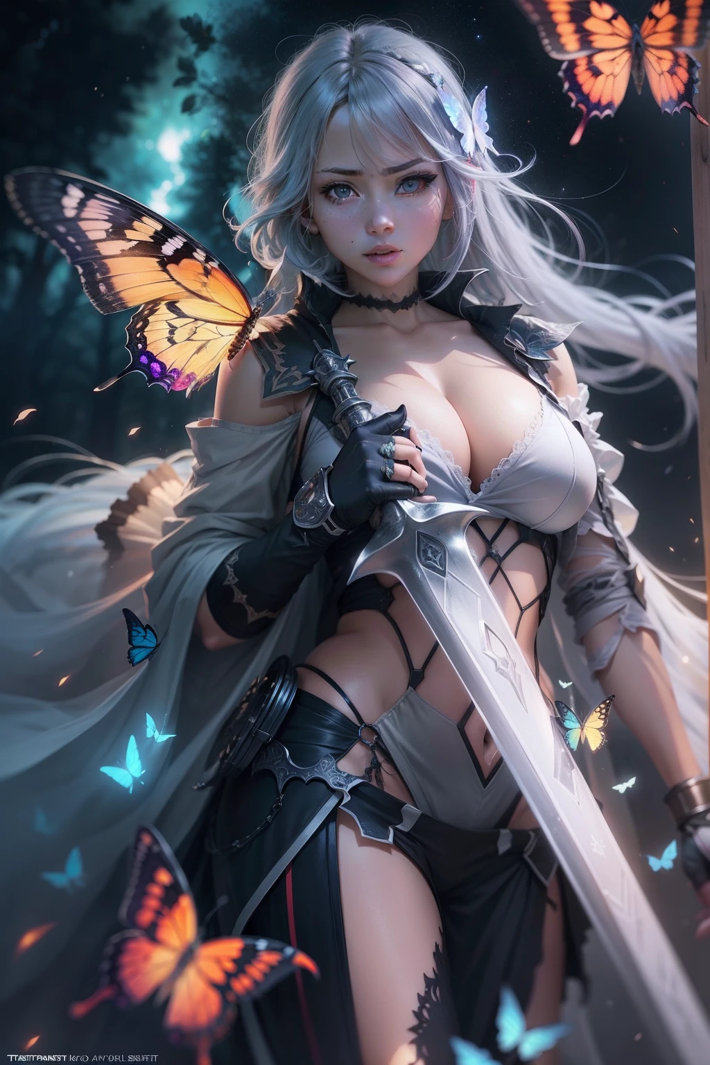 Ghost Slayer's Blade，Butterfly Shinobu，Bug column，in the darkness nigth，Eau，the night，starrysky，The focus blur wrapped softly around her，Ray traching，Photorealistic photorealism，poster for，Very detailed faces，4K，（The best of the best），（tmasterpiece），（hyper realisitc： 1.2），（ Realistis： 1.3），anime big breast