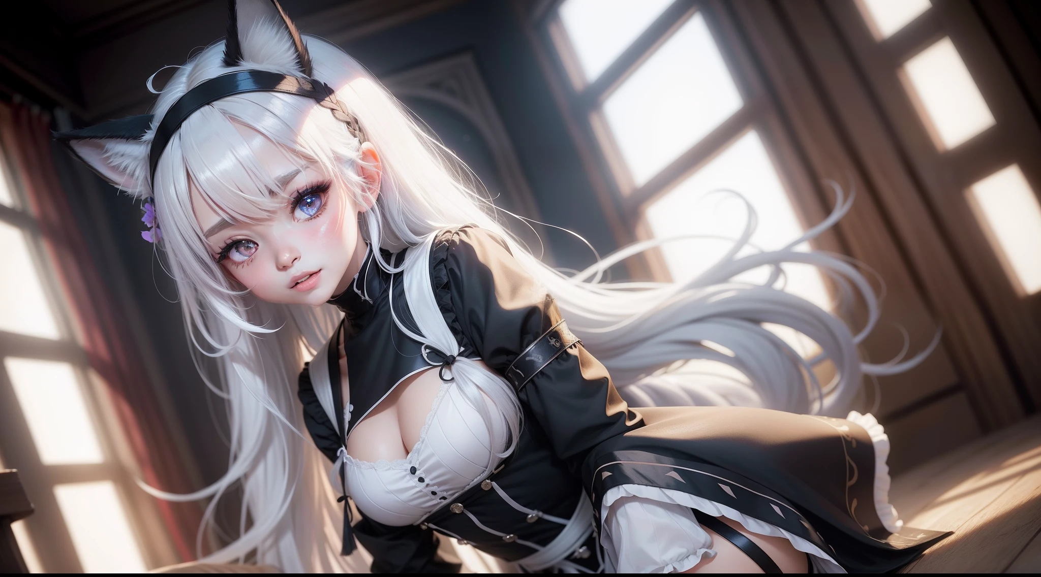 black hair, hair bobbles, wince, longeyelashes, solid circle eyes, fake animal ears, light smile, ear blush, fang, white hair, silver hair, streaked hair, colored inner hair, gradient hair, ahoge, braid, blunt bangs, french braid, long hair, hair over shoulder, hime cut, heart ahoge, hood, hairband, maid headdress, ribbon, white hairband, mole under eye, heart-shaped pupils, color contact lenses, fox ears, cat ears, animal ears, fake animal ears, shy, blush, tongue, oral invitation, Surrealism, drop shadow, anaglyph, stereogram, tachi-e, pov, atmospheric perspective, Verism, interior architecture, chiaroscuro, cinematic lighting, chromatic aberration, drop shadow, chromatic aberration abuse, backlighting, stereogram, tachi-e, bokeh, 8k, super detail, ccurate, best quality, textured skin, anatomically correct, UHD, masterpiece, ccurate, high details, highres, 1080P，lewd nun，underdressing，Beth