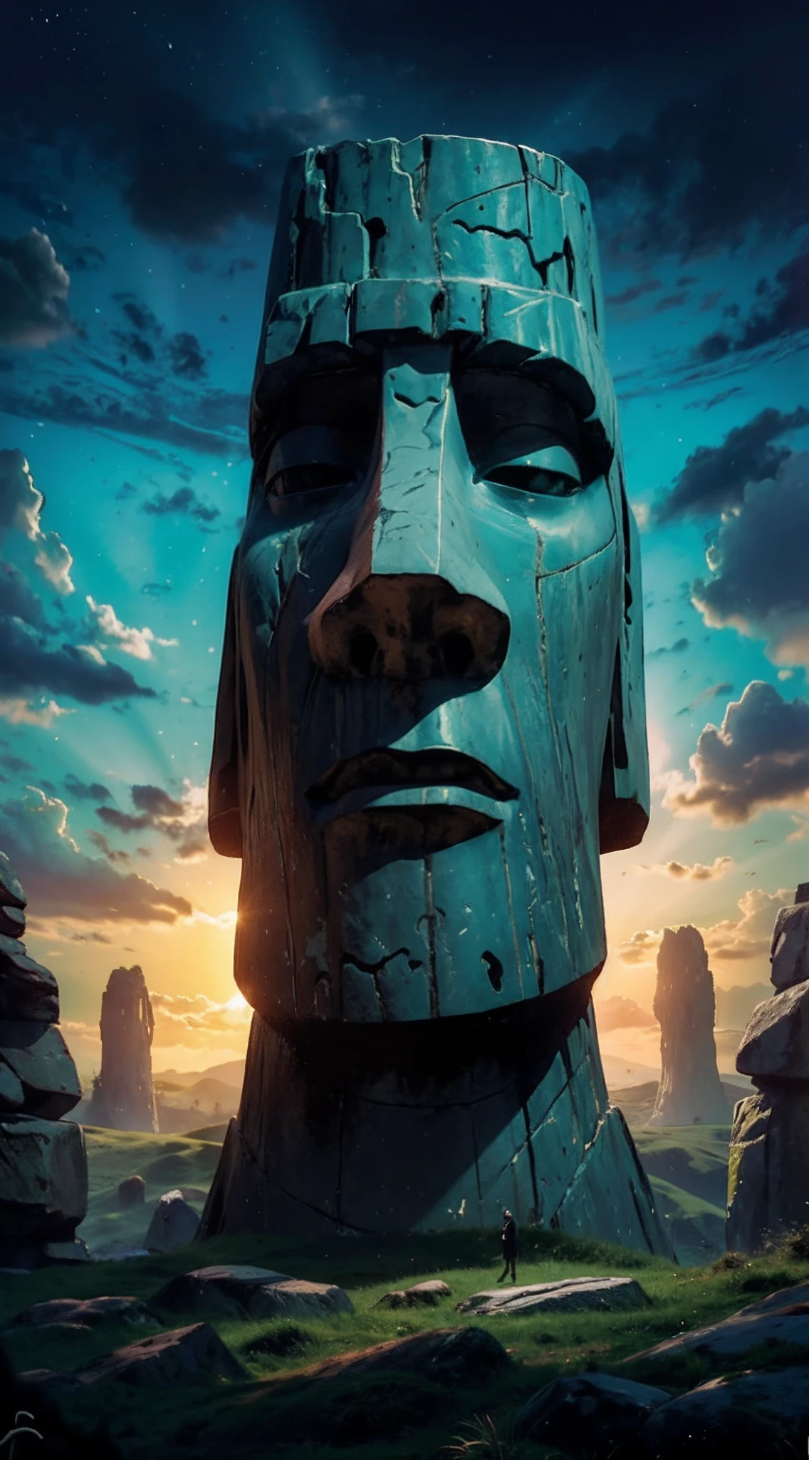 lanscape, 8k potrait of beautiful landscape with statue stone 🗿, solo focus, focus in the statue stone, rule of third photography, intricate, elegant, realistic depth of field photography, perfect natural lighting (masterpiece, sidelighting, finely detailed beautiful statue stone 🗿), realistic leav, realistic cloud, realistic bokeh, realistic sky, beautiful sky, ray of light, rule of third photography, point of interest photography, perfect lanscape color tone, realistic standing girl, realistic moss, realistic grass, realistic store texture, realistic hill, realistic tree, best lanscape color tone, realistic land, texture, realistic shadow, best of saturation, RAW IMAGE