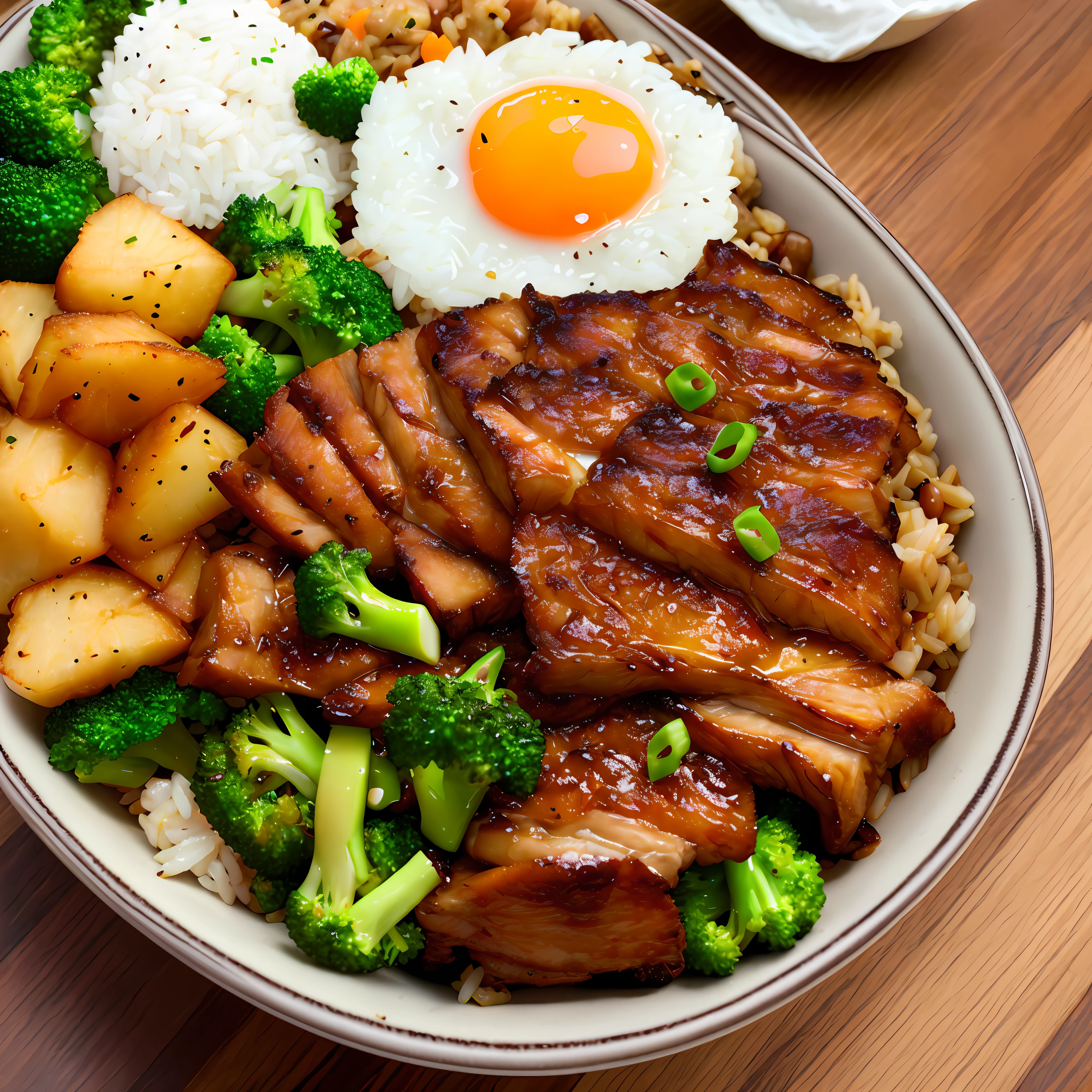 Dog on the side, animation, high quality, high resolution, rice bowl, fried egg, braised pork, diced radish, beans, rice, broccoli