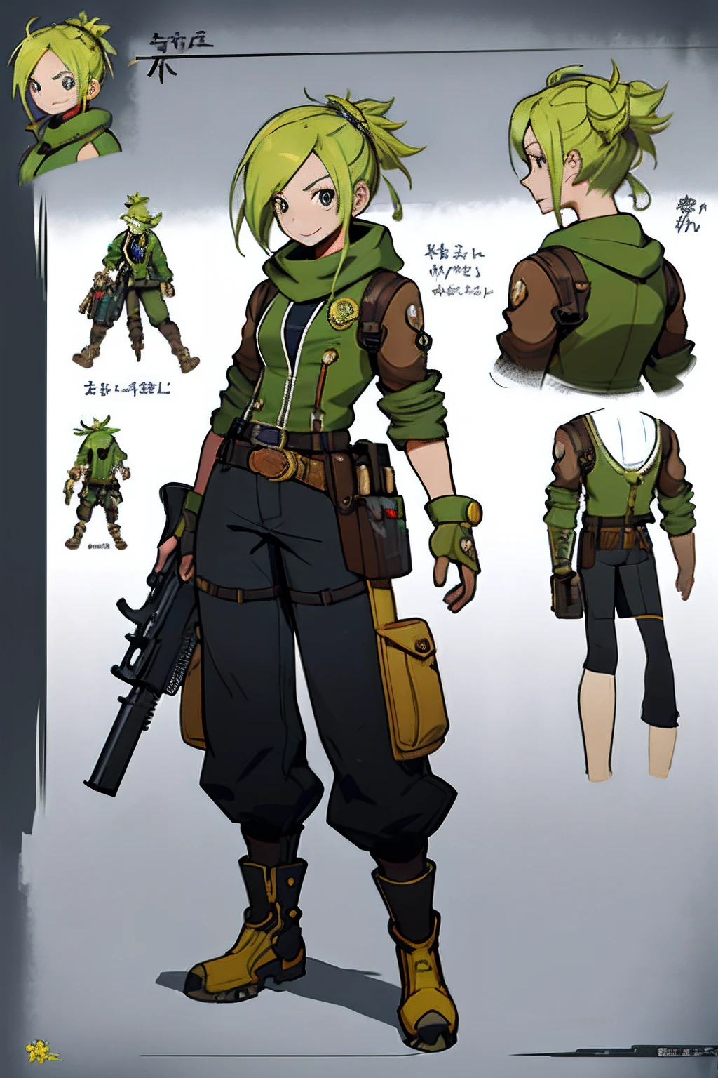 Close-up of a man in a gun costume, ((character concept art)), ((character design sheet, same character, front, side, back)) character art of maple story, video game character design, video game character design, maple story gun girl, girl wearing cute cartoon bunny hairpin on her head, yellow glowing decoration on girl's clothes, expert high detail concept art, metal bullet concept art, funny character design, Lucio as a woman, gravity rush inspiration, sticky tar. Concept art, belt buckle at waist, steampunk weapon,