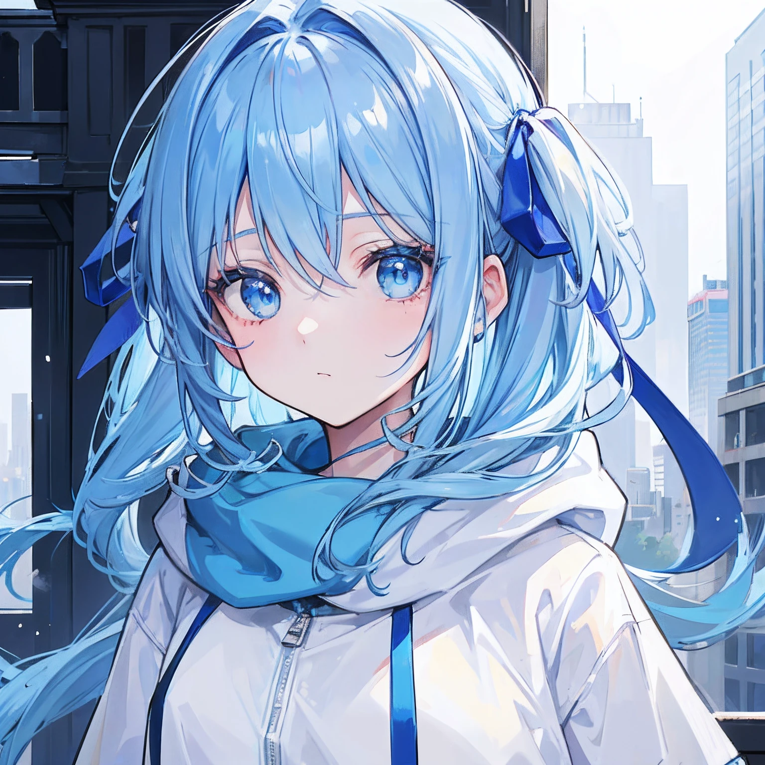 1girl, with light blue hair and blue eyes, wearing 2 hair ribbon and a blue and white hoodie. The scene is set in winter, with the girl looking directly at the viewer. This image can be used as a profile picture.City background.Masterpiece,high-quality,absurdres