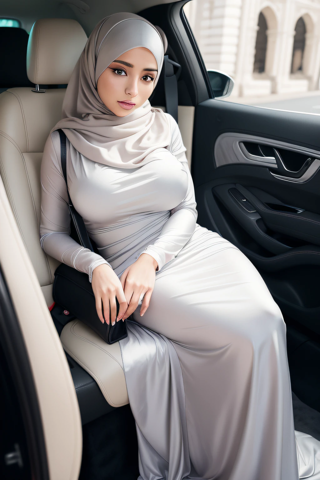 full body, masterpiece, best quality, realistic, beautiful, aesthetic, perfect, delicate, intricate, beautiful women in hijab, light grey satin long dress, tight dress, medium breast, extremelly face detailed, sitting in the back seat, car interior background, sucking men's dick,