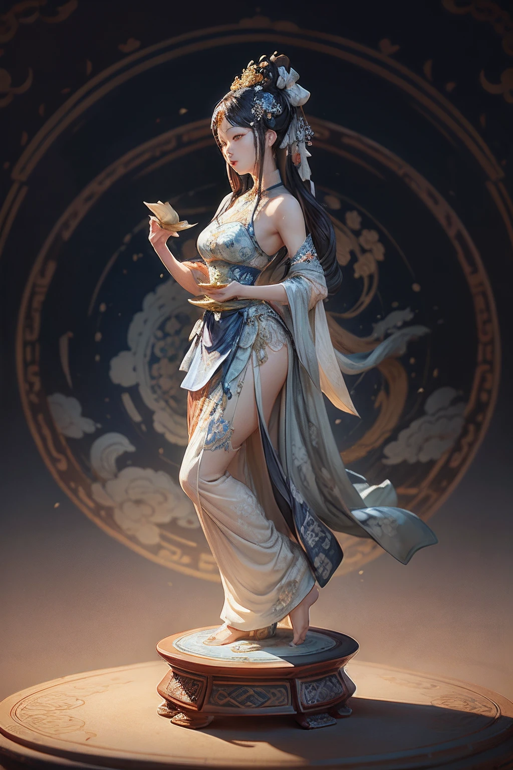 Blue and white porcelain statue, ancient china art style，Dunhuang character modeling，Delicate pattern，Oriental elements，Ink painting style, Clean colors, White background, Soft lighting, ( Bokeh)，Masterpiece, Super detailed, Epic composition, Highest quality, 4K，