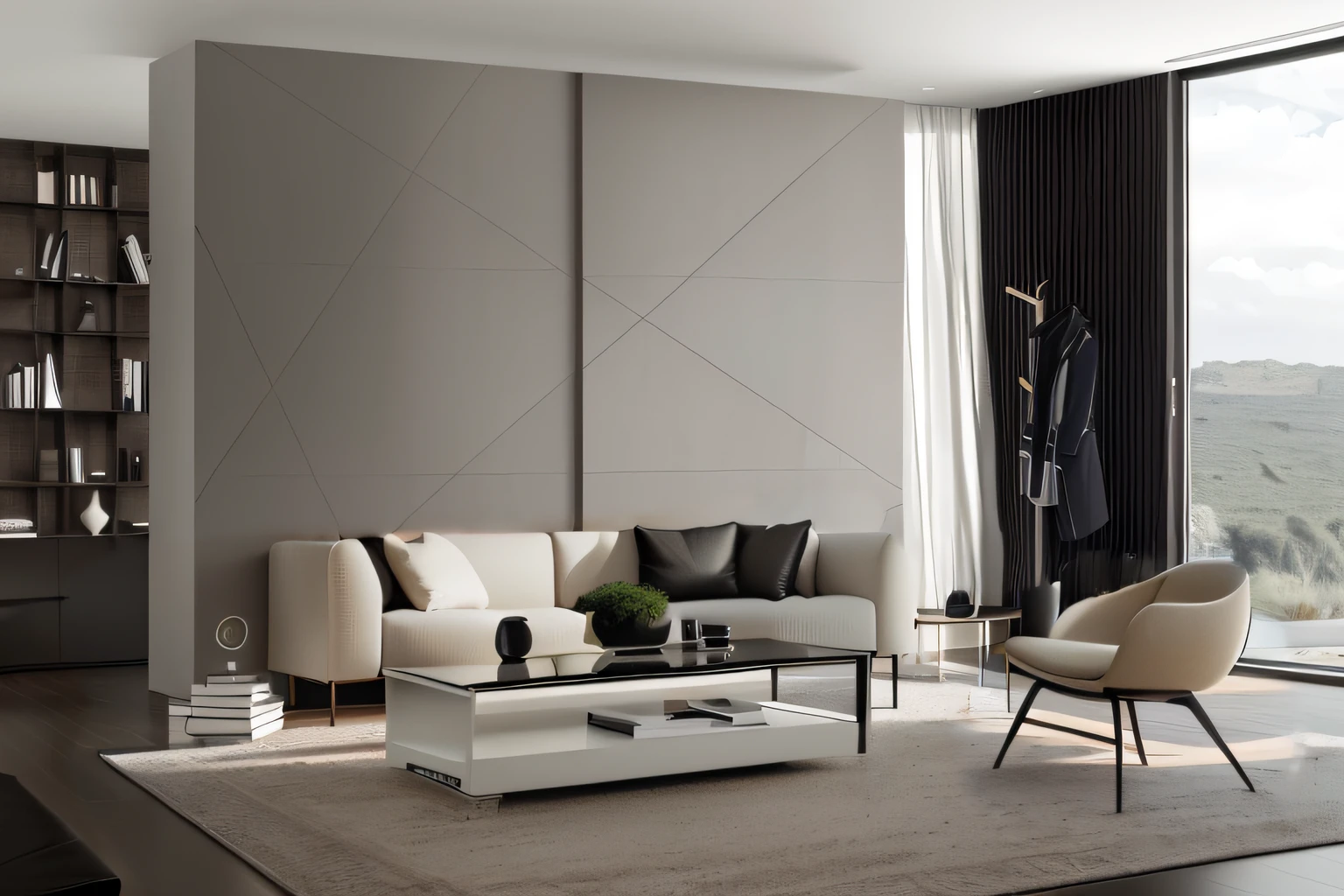 arafed living room with a couch, chair, Coffee table and bookshelf, elegant minimalism, beige and dark atmosphere, minimal modern, Modern living room, modern minimal design, sophisticated composition, minimalistic and beautiful, muted colors with minimalism, dark and beige atmosphere, high quality 3d render, high quality 3 d render, excellent 3d render, modernsimplicity