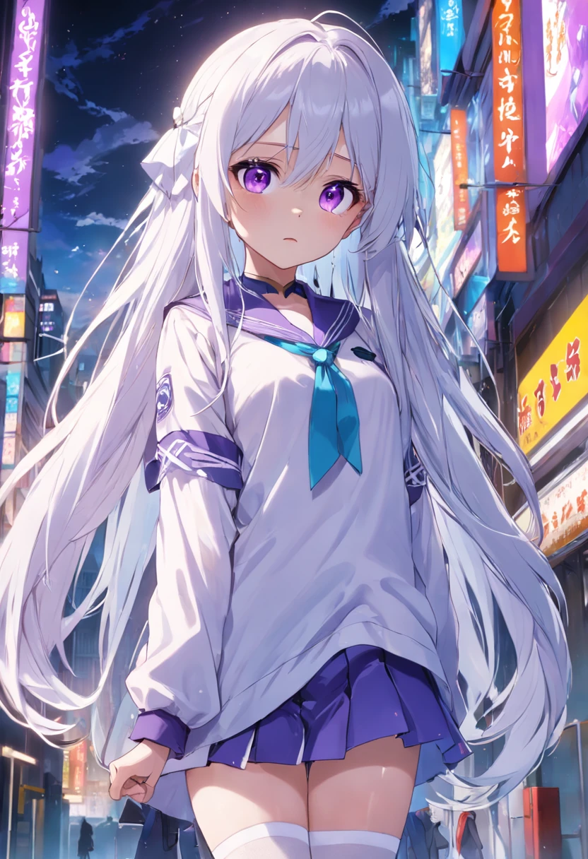 Purple pupils,Lazy expression,Long white hair and white stockings,Cyan and blue clothes,Campus JK