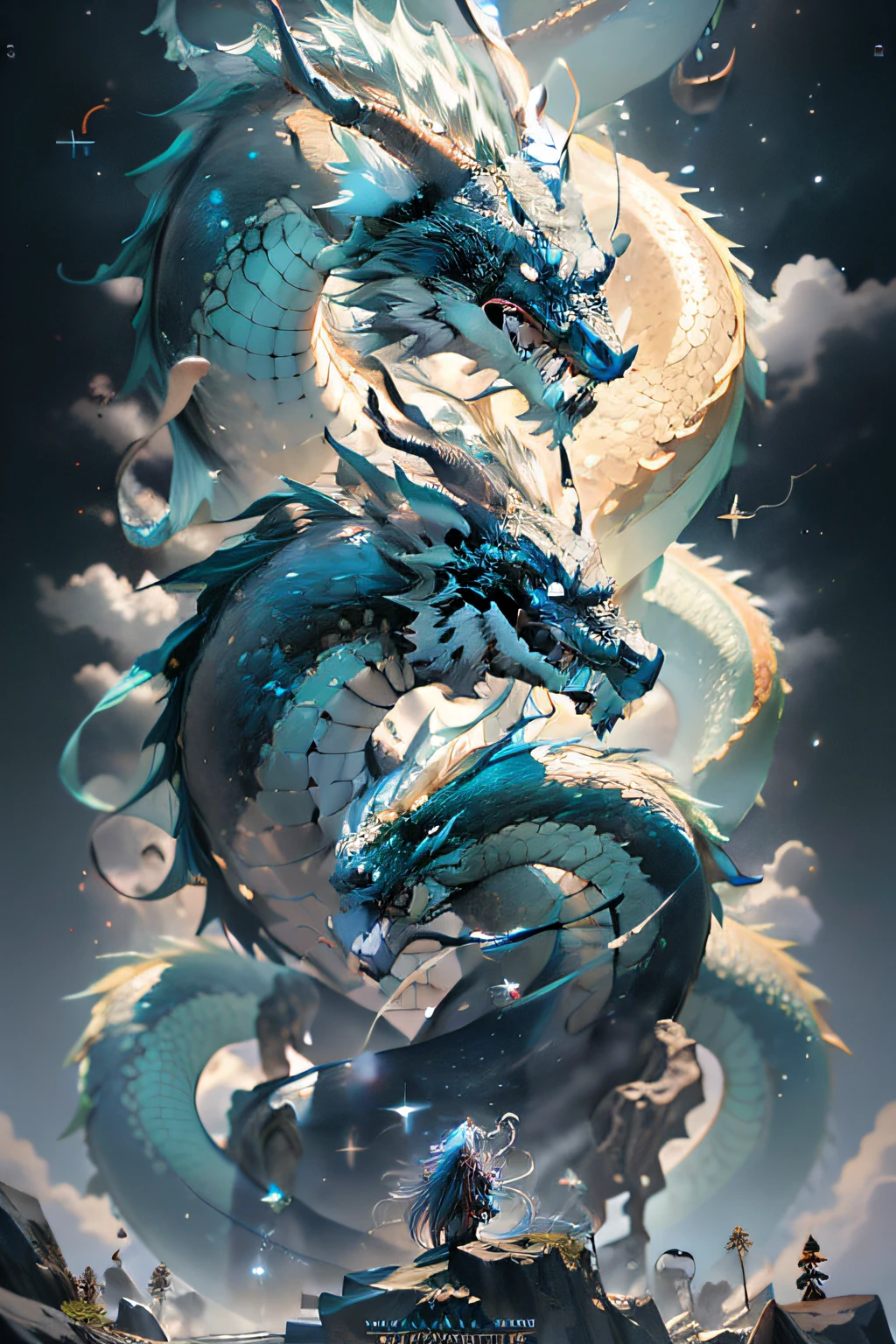 A dragon of moon and starlight, scales of starlit night, divided body one half golden and luminescent like sun light the other half is shadowy black scales streaked with starlight, volumetric lighting, cinematic post processing, ultra detailed and hyper realistic