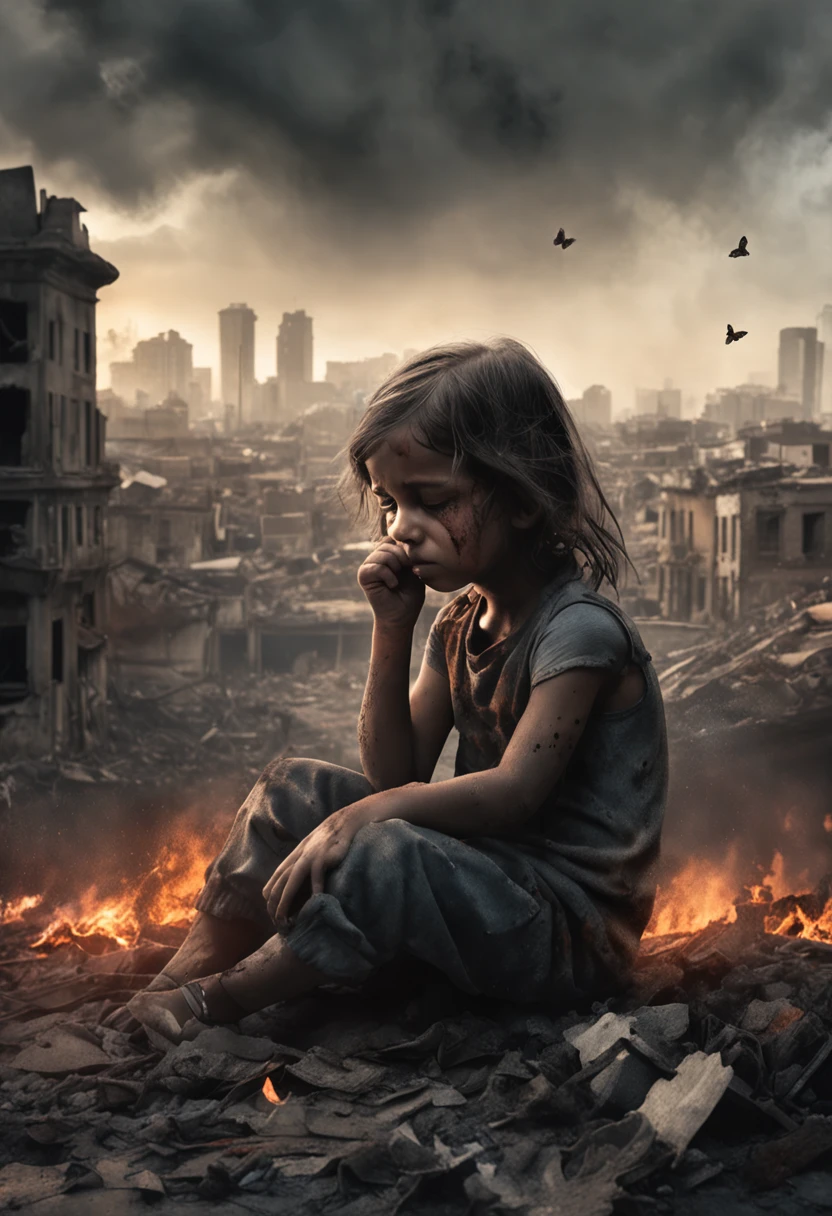 Ultra-realistic depiction of a , sitting with sorrow, agony, ((dried tears drops)), messy and curl hair, dusty face and cloth,(( a destructed city in background, fire, ((human corpse on ground)), some people are crying, destroyed building)), a butterfly sits on her forefinger, (((she is looking at the butterfly and a little bit smile))), hyper detailed, dynamic color, black and gray shade, super emotional picture, set against a hauntingly dark backdrop and surrounded by swirling dark smoke. The image should be in a captivating 16:9 format."