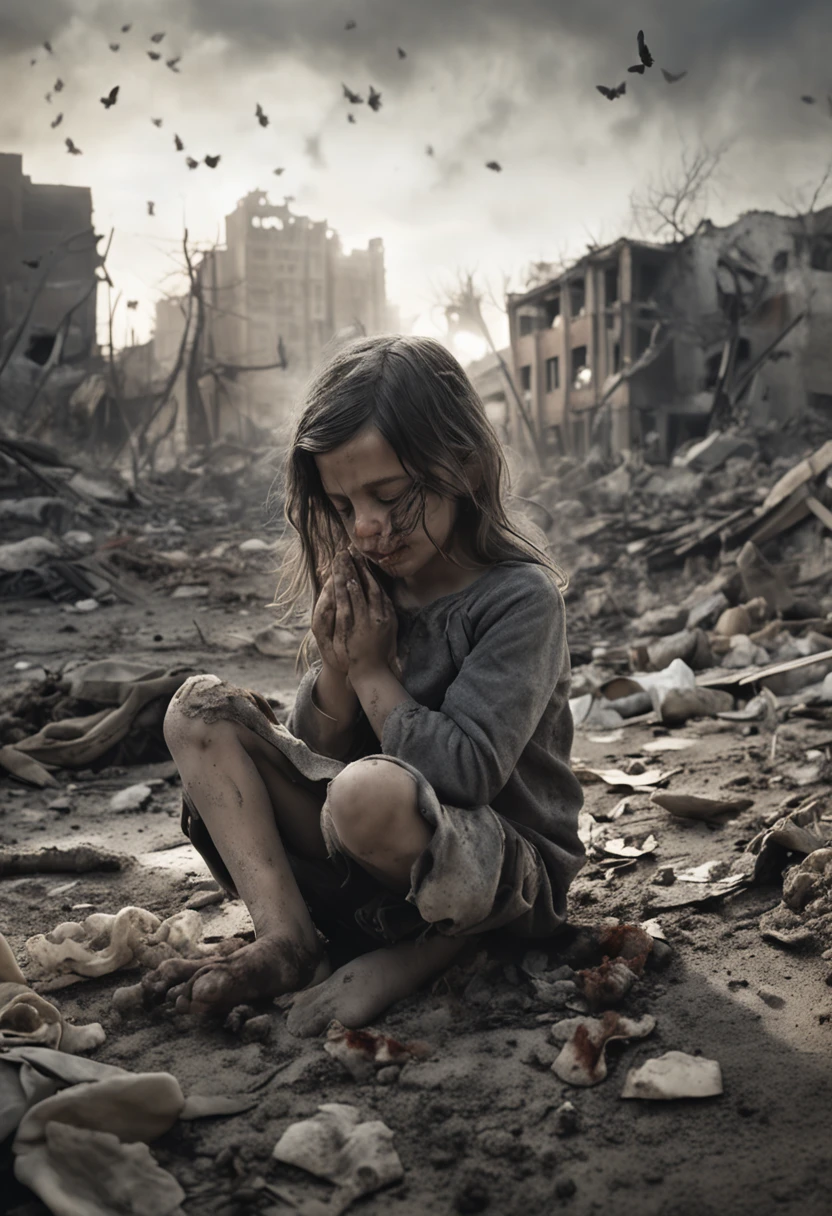 A surreal image of a child, horrified, dirty, wounded face, hands protecting the head, disheveled and ashen hair in an environment with debris, transparent smoke and dust with multiple exposure and watercolor effect.