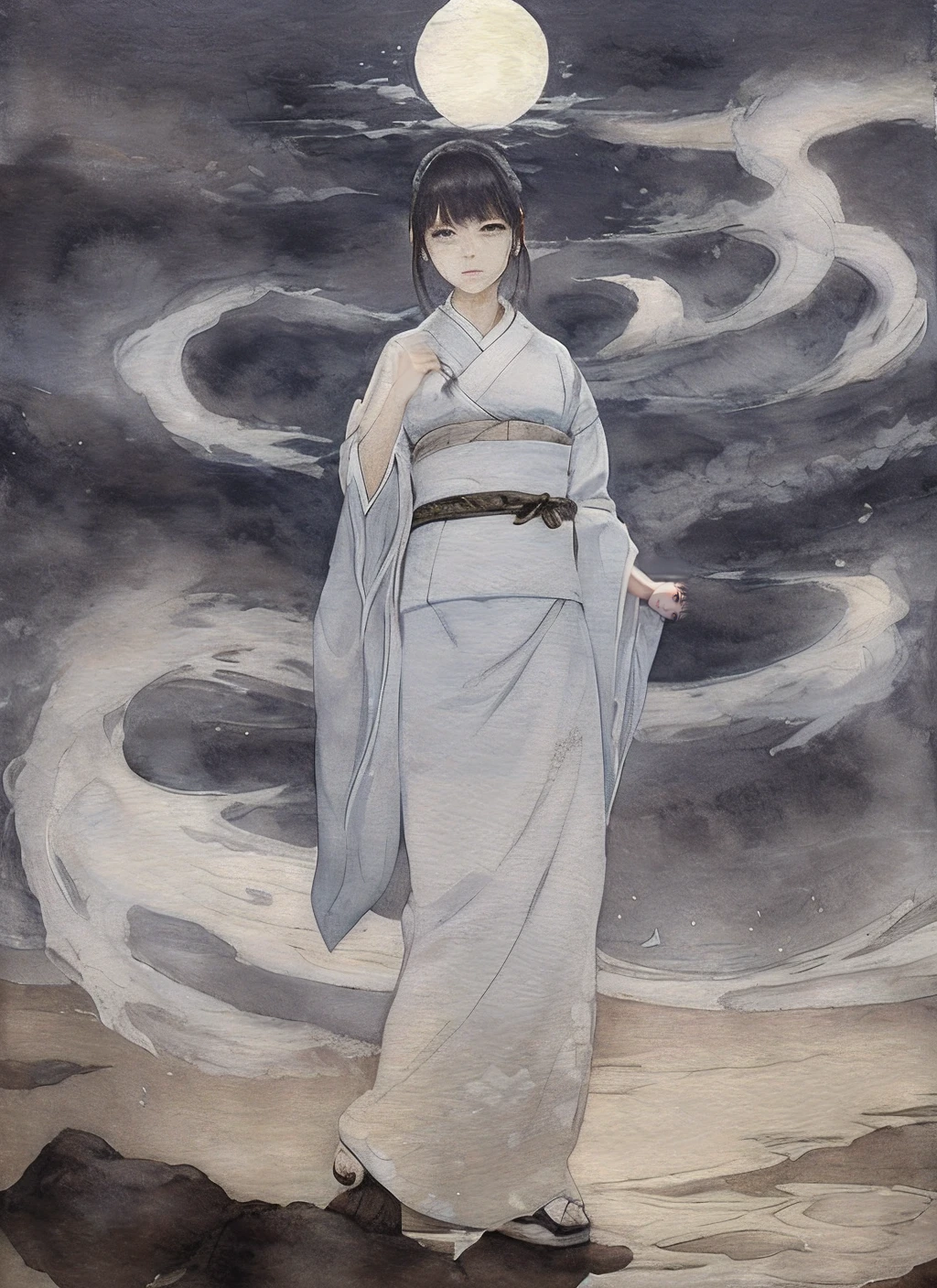 an anime artwork of girl with kimono in moonlight stormy effect, 1girl, solo, japanese clothes, kimono, moon, black hair, full moon, sash, obi,water color painting,smil,