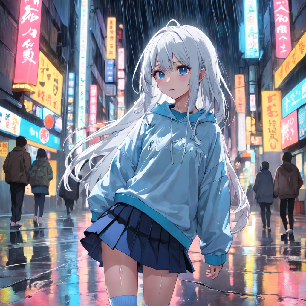 rainy days、city night scene、Neon street view、k hd、long  white hair、Blue pupil、delicate picture、Sweatshirt、White mid-tube socks、Short pleated skirt、Crewneck sweatshirt