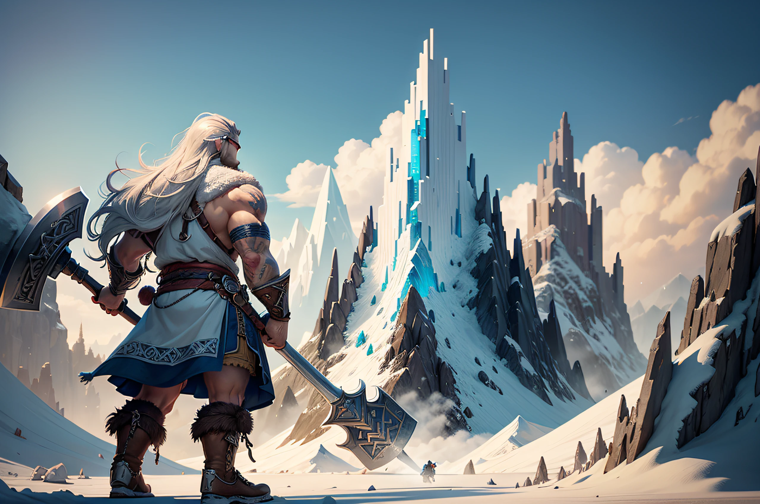 Pixel game about the Vikings, Game Character Design, Cartoon Viking with a large war hammer in his hand,Pixel glaciers, Pixel Mountains, Pixel clouds,16-bit pixel art, 3D Rendering, Octane Render, axonometry, Top and side view, bright colours, Texture smoothing, dinamic lighting