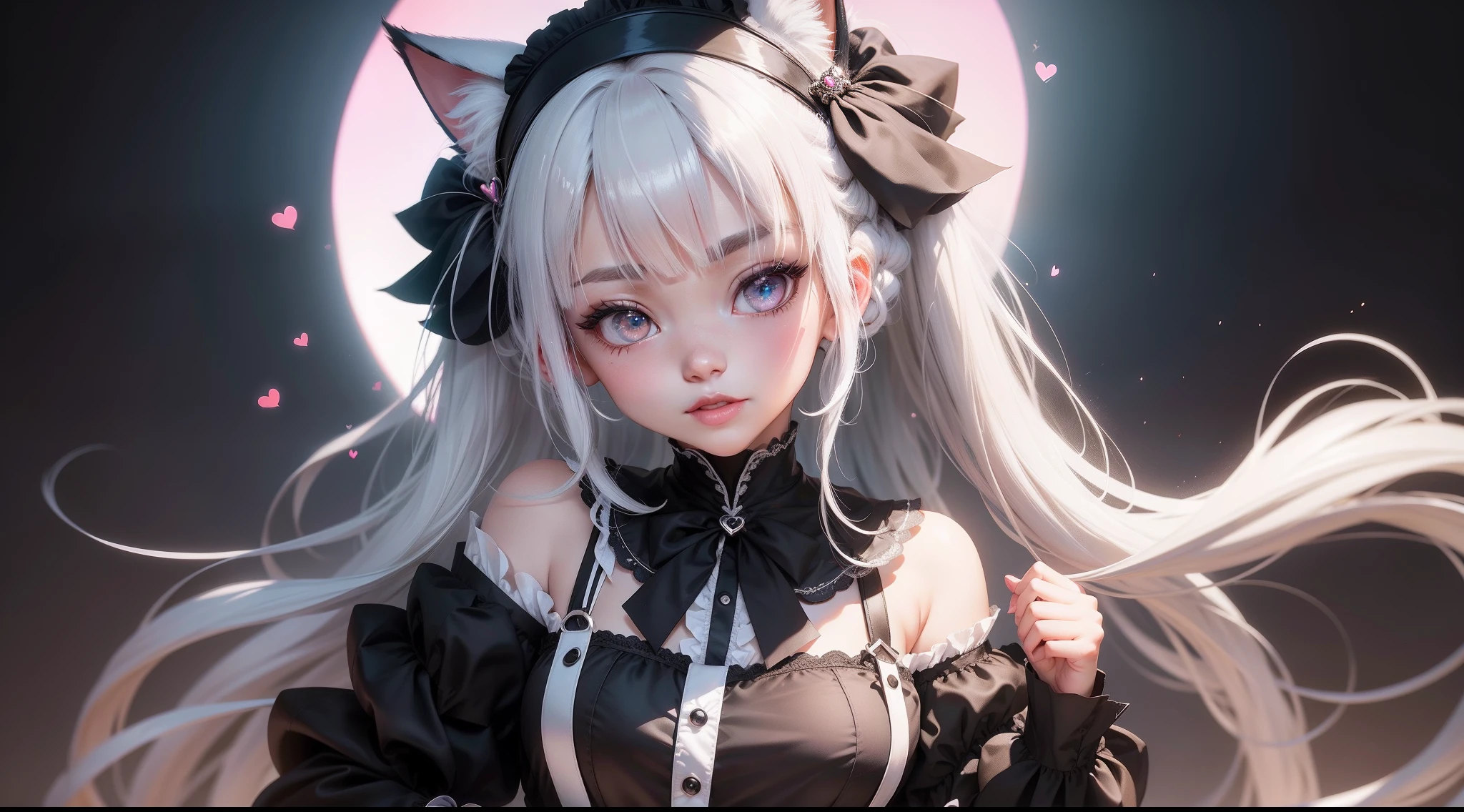 black hair, hair bobbles, wince, longeyelashes, solid circle eyes, fake animal ears, light smile, ear blush, fang, white hair, silver hair, streaked hair, colored inner hair, gradient hair, ahoge, braid, blunt bangs, french braid, long hair, hair over shoulder, hime cut, heart ahoge, hood, hairband, maid headdress, ribbon, white hairband, mole under eye, heart-shaped pupils, color contact lenses, fox ears, cat ears, animal ears, fake animal ears, shy, blush, tongue, oral invitation, Surrealism, drop shadow, anaglyph, stereogram, tachi-e, pov, atmospheric perspective, Verism, interior architecture, chiaroscuro, cinematic lighting, chromatic aberration, drop shadow, chromatic aberration abuse, backlighting, stereogram, tachi-e, bokeh, 8k, super detail, ccurate, best quality, textured skin, anatomically correct, UHD, masterpiece, ccurate, high details, highres, 1080P,lewd nun,underdressing,Beth