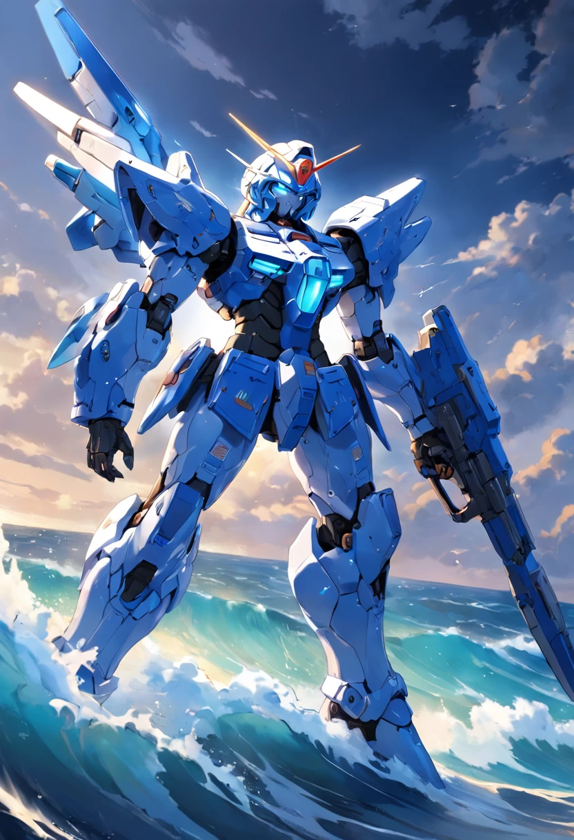 gundam, blue and white couleer, has blue chestplate and blue protective armour on knee and shoulder, looks transformable, has missle pods, tall and intimidating, holding sniper riffle, back ground is the ocean, has ocean drawings around the body, glowing light blue eyes, glowing blue light around the chestplate arm and knee, the gloves are detailed, blue gloves,dynamic pose