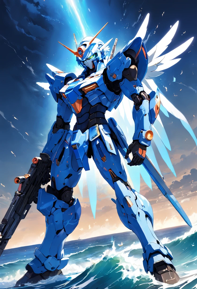 gundam, blue and white couleer, has blue chestplate and blue protective armour on knee and shoulder, looks transformable, has missle pods, tall and intimidating, holding sniper riffle, back ground is the ocean, has ocean drawings around the body, glowing light blue eyes, glowing blue light around the chestplate arm and knee, the gloves are detailed, blue gloves,dynamic pose