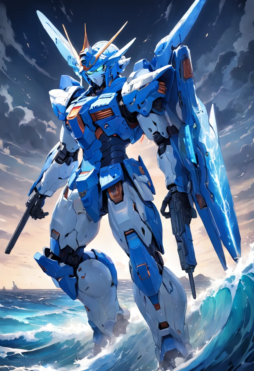 gundam, blue and white couleer, has blue chestplate and blue protective armour on knee and shoulder, looks transformable, has missle pods, tall and intimidating, holding sniper riffle, back ground is the ocean, has ocean drawings around the body, glowing light blue eyes, glowing blue light around the chestplate arm and knee, the gloves are detailed, blue gloves,dynamic pose