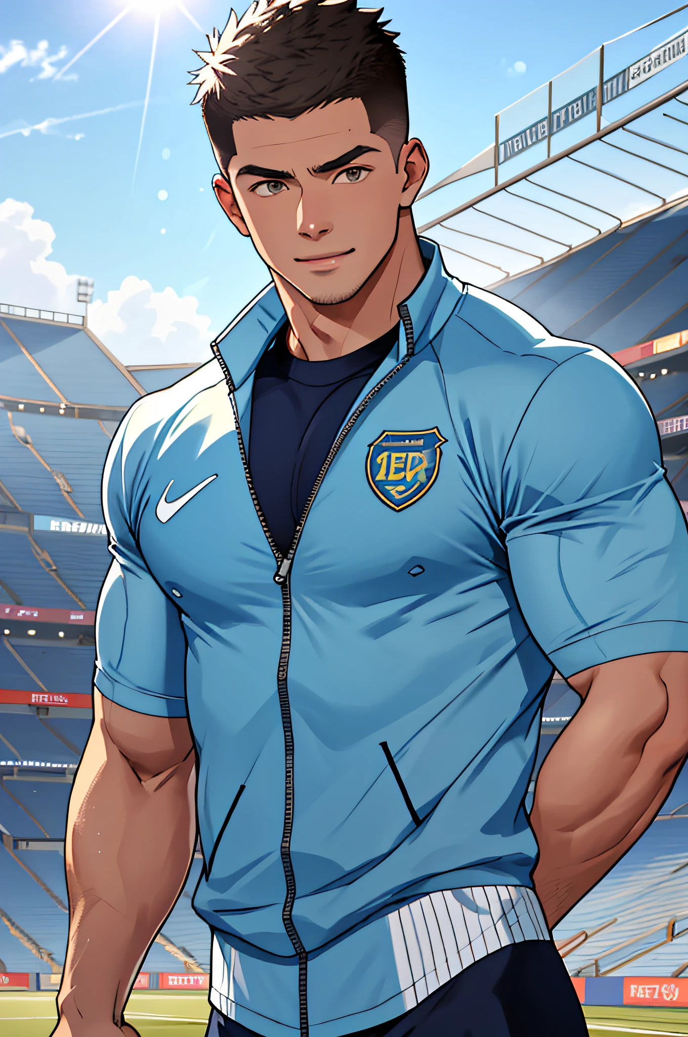 Draw a full-fledged athlete,Stand on the central field of the gym,He wears high-end sportswear,The man looks confident and determined,rays of sunshine,cheerful big breasts,Handsome,Crew cut,full bodyesbian,shooting from below,