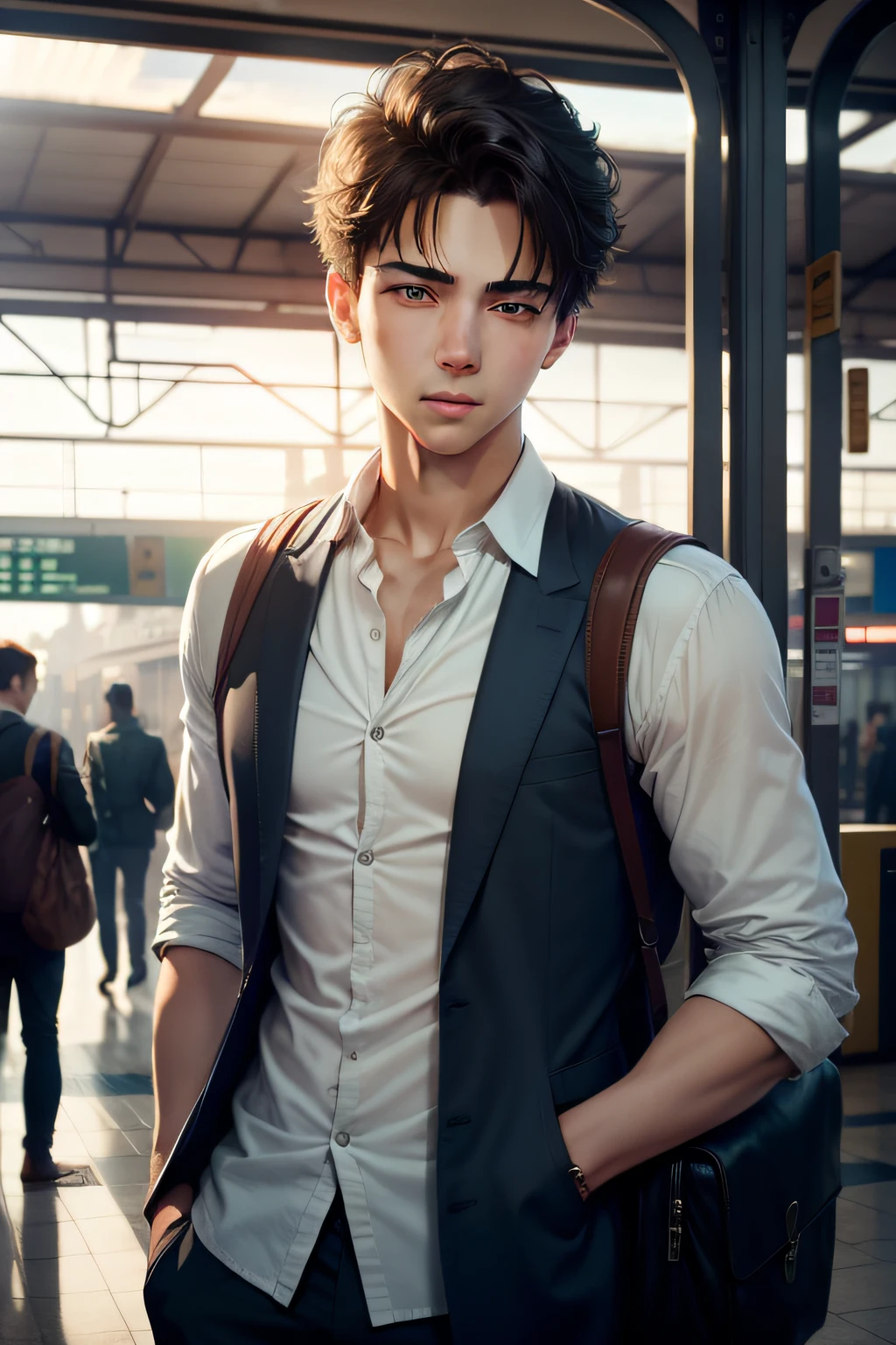 Train station in the early morning,A handsome boy with delicate facial features,Wearing short hair