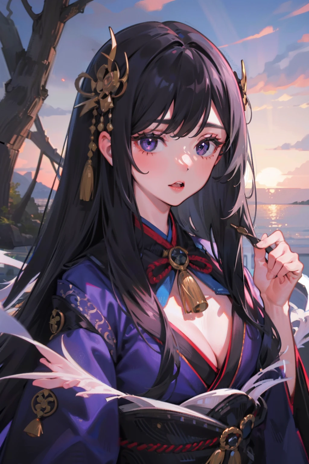 Illustration, UHD, retina, masterpiece, accurate, anatomically correct, super detail, high details, high quality, award winning, best quality, highres, good anatomy, 1080P, HD, 4K, 8k, 16k, 1girl, dynamic pose, androgynous, upper body potrait, detailed eyes, detailed clothes, detailed hair, rendering, 2 hands, 5 fingers, 2 legs, long black hair, long locks, chopped bangs, purple eyes, wearing a kimono, intricate design