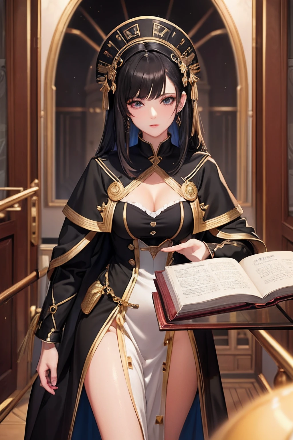 perfect eyes:1.2, detailed eyes:1.4, TharjaV4, (makeup, mascara:1.1), lips,(thick\lips\), (shiny glossy translucent clothing:1.1), cleavage, jewelry, black hair, blue eyes, bracelet, covered navel, tiara, bridal gauntlets, skin tight, bodystocking, two side up, cape, pelvic curtain, bending over, arched back, from side, large breasts, stack of books, looking at viewer, bookshelves, 1girl, solo, (masterpiece:1.6, best quality),
