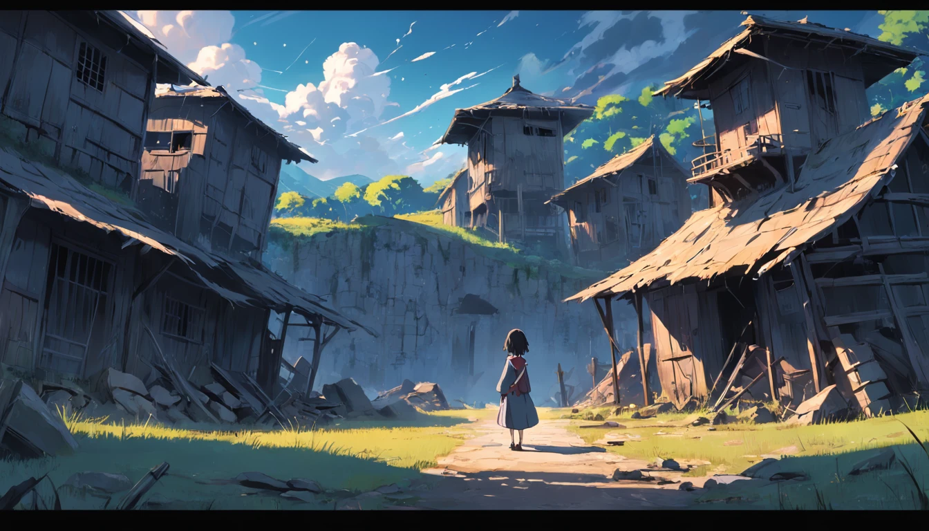 Ruined village, Desolate little village, The villagers are skinny,The villagers are tired, An earth-shattering famine,drought,disaster