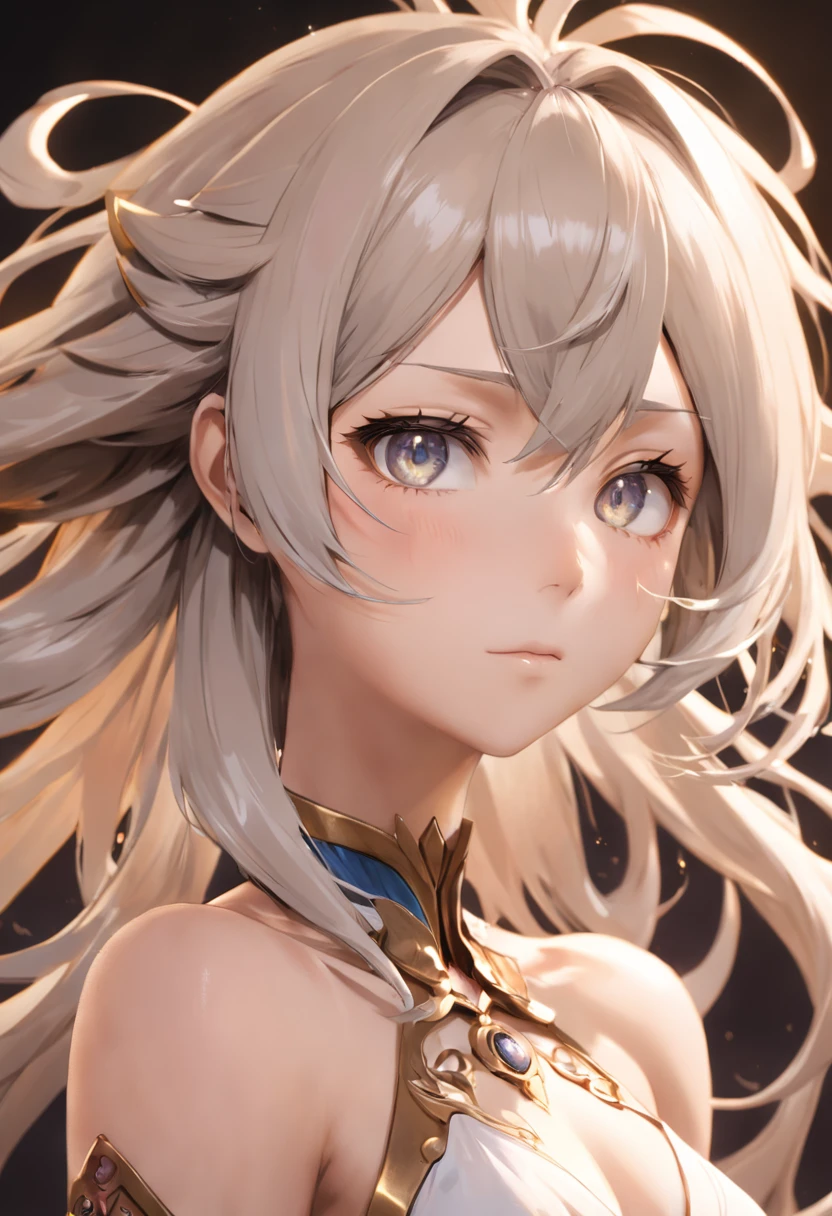 The whole body is beautiful and gorgeous Final Fantasy style, Astral Deva, Headshot, Goddess, Shiny skin, random hair style, Silver hair color, Sepia skin tone, random eyes color, Female, Clean and very detailed face and hands, analogous colors, Glowing shadow, beautiful gradation, Depth of field, Clean image, High quality, High detail, High definition, Luminous Studio graphics engine