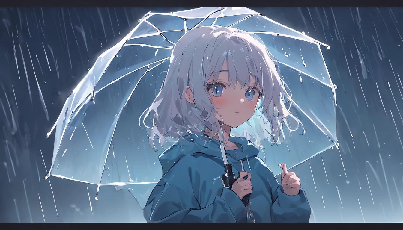 Rainy days，janelas，the woods，Rain drops、long  white hair、Blue pupil、delicate picture、Sweatshirt、White mid-tube socks、Short pleated skirt、Crewneck sweatshirt、Hold a transparent umbrella with one hand