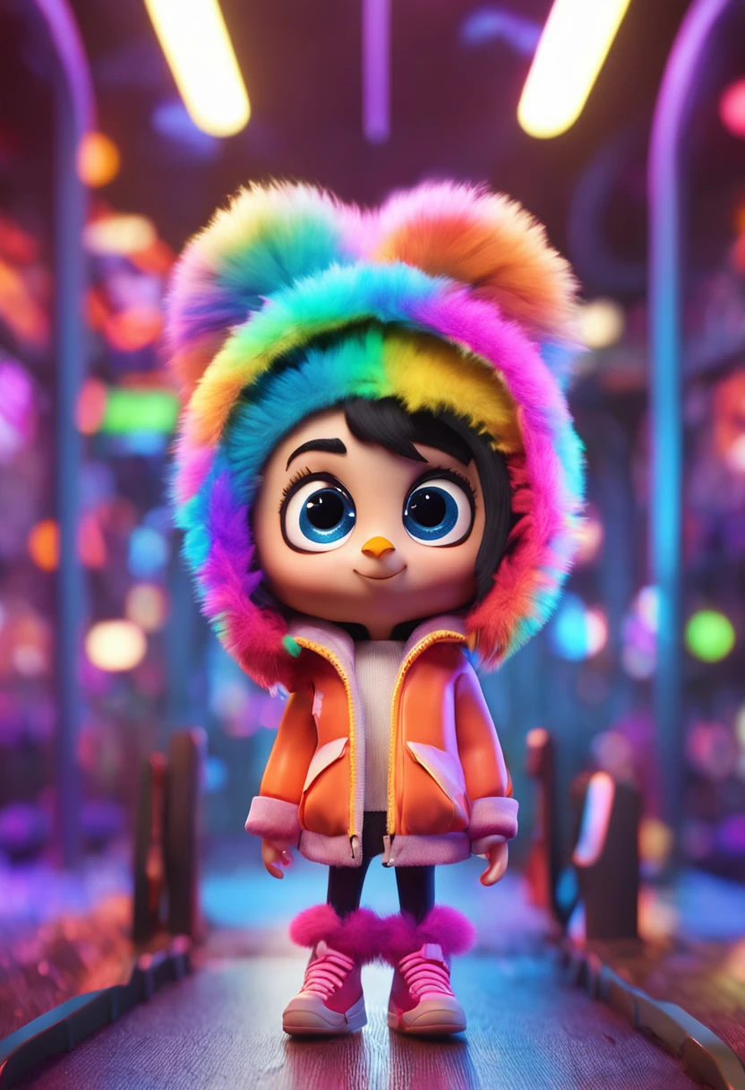Stand in the center, Fluffy, Big eyes, Cute, penguin, Neon fur, wearing a bomber jacket, model, 4K, high resolution, blender render, illusory engine