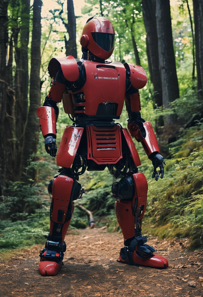A robotic martial artist in a kendo uniform begins a long journey through the woods，Head to a feudal Japanese monastery in the distance, We look at the back of the robot，and he looked into the distance