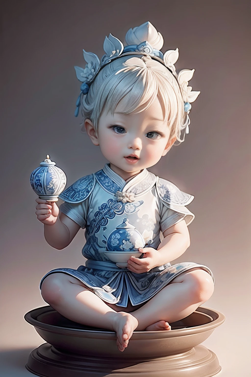 Blue and white porcelain statue,ancient china art style，Cute child statue，Lotus in the hand，having fun，Delicate pattern，Oriental elements，Ink painting style, Clean colors,White background, Soft lighting, ( Bokeh)，Masterpiece, Super detailed, Epic composition, Highest quality, 4K，