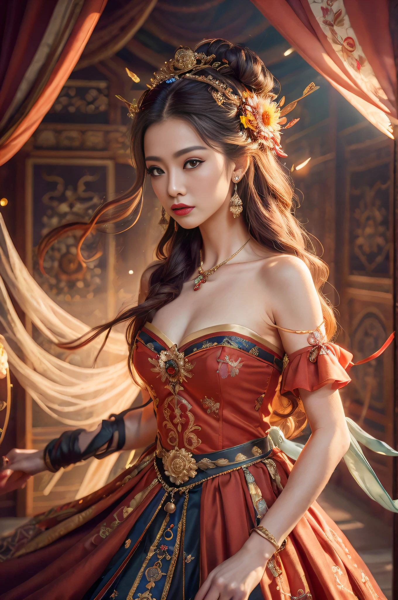 Bestquality,a masterpiece,Ultra-detailed high resolution,(Vivid:1.4),RAW Photos, 1girle,(Solo exhibition:1.2),(Cowboy lens:1.2),(Hair crown:1.2),Traditional costumes of Dunhuang, China,strapless,(Red eyeliner:1.2),(Black eyes:1.4),earings,Dynamic angle,opera house,messy_long_hair,Cinematic Light,lens_flare,velvet,chrysanthemum,tassels,Ribbon,Colorful embroidery,upper half body,facing the lens,Dynamic Pose,Large,Embroidered cloth shoes