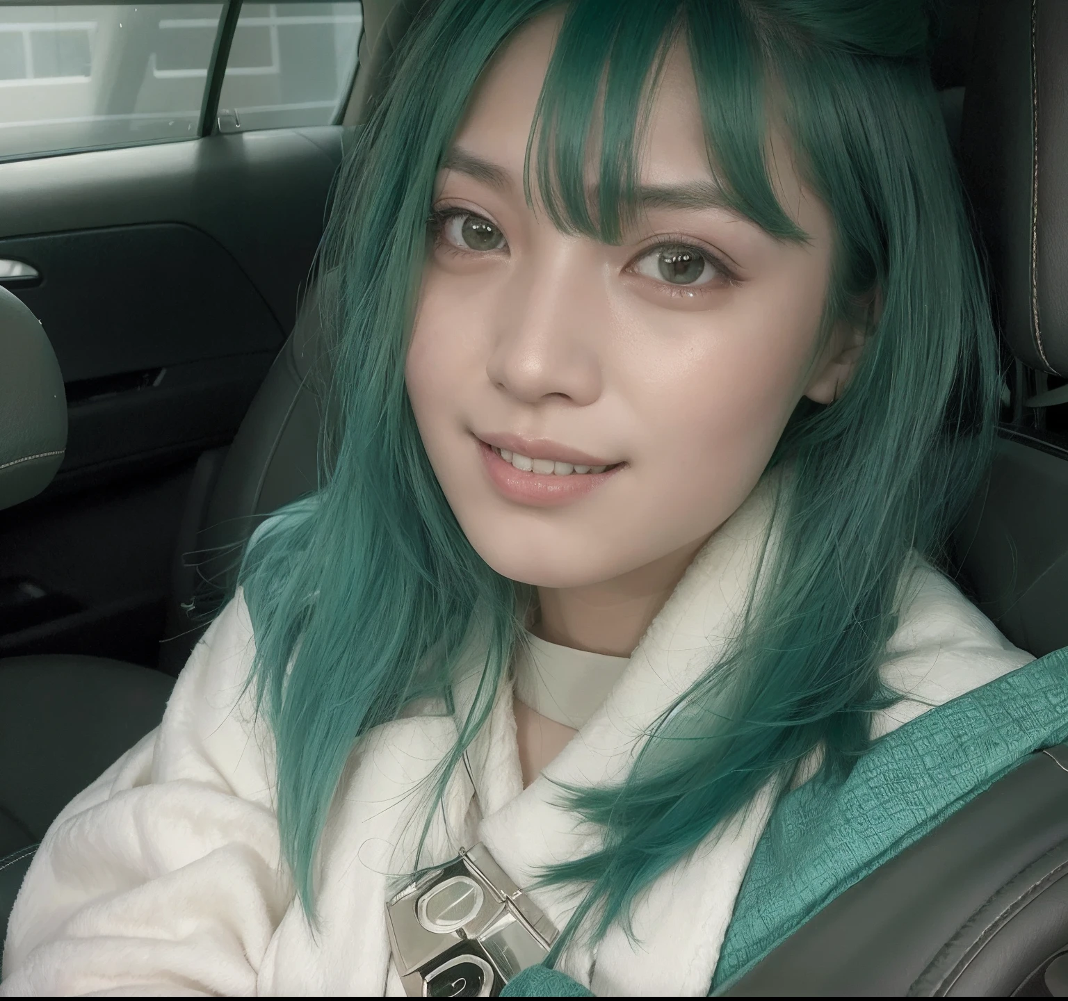 arafed woman in a car with green hair a smile on her face, xintong chen, heonhwa choe, wenfei ye, louise zhang, yun ling, xision wu, lulu chen, 2 , 2 8 years oldliu, jaeyeon nam, qifeng lin, gemma chen, li zixin, sha xi