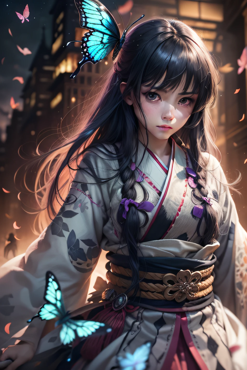 Ghost Slayer's Blade，Butterfly Shinobu，Bug column，in the darkness nigth，Eau，the night，starrysky，The focus blur wrapped softly around her，Ray traching，Photorealistic photorealism，poster for，Very detailed faces，4K，（The best of the best），（tmasterpiece），animemanga girl，Long black hair tied with a bow，The body is covered with a butterfly wing pattern haori，Sword in hand
