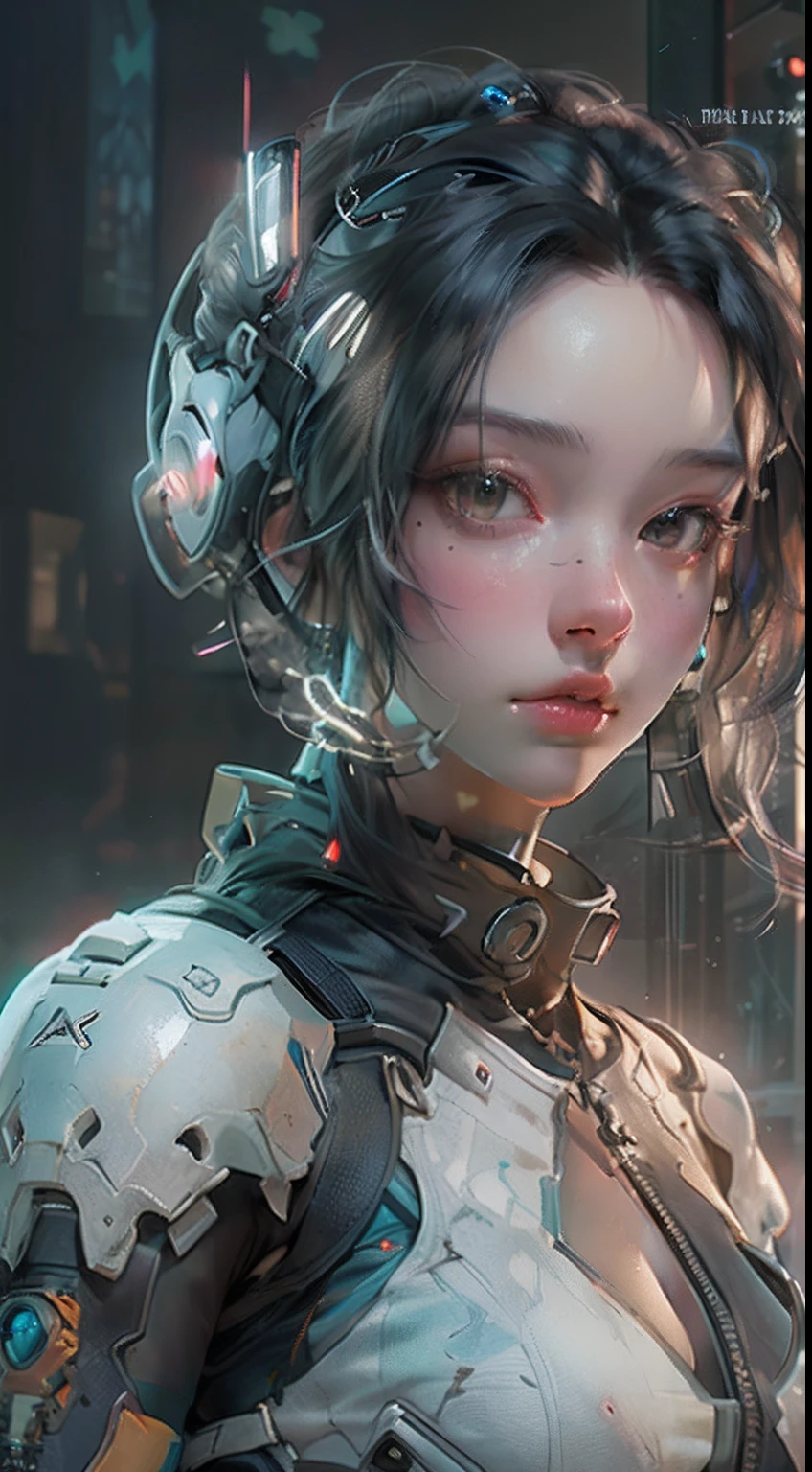 Eve Maguire crazy scientist, disheveled hair, hallucinatory features in smoky lab with backlight panels, arms slightly blackened, octane render, dark fantasy, 4k 8k cinematic, sci-fi, horror movie, film noise