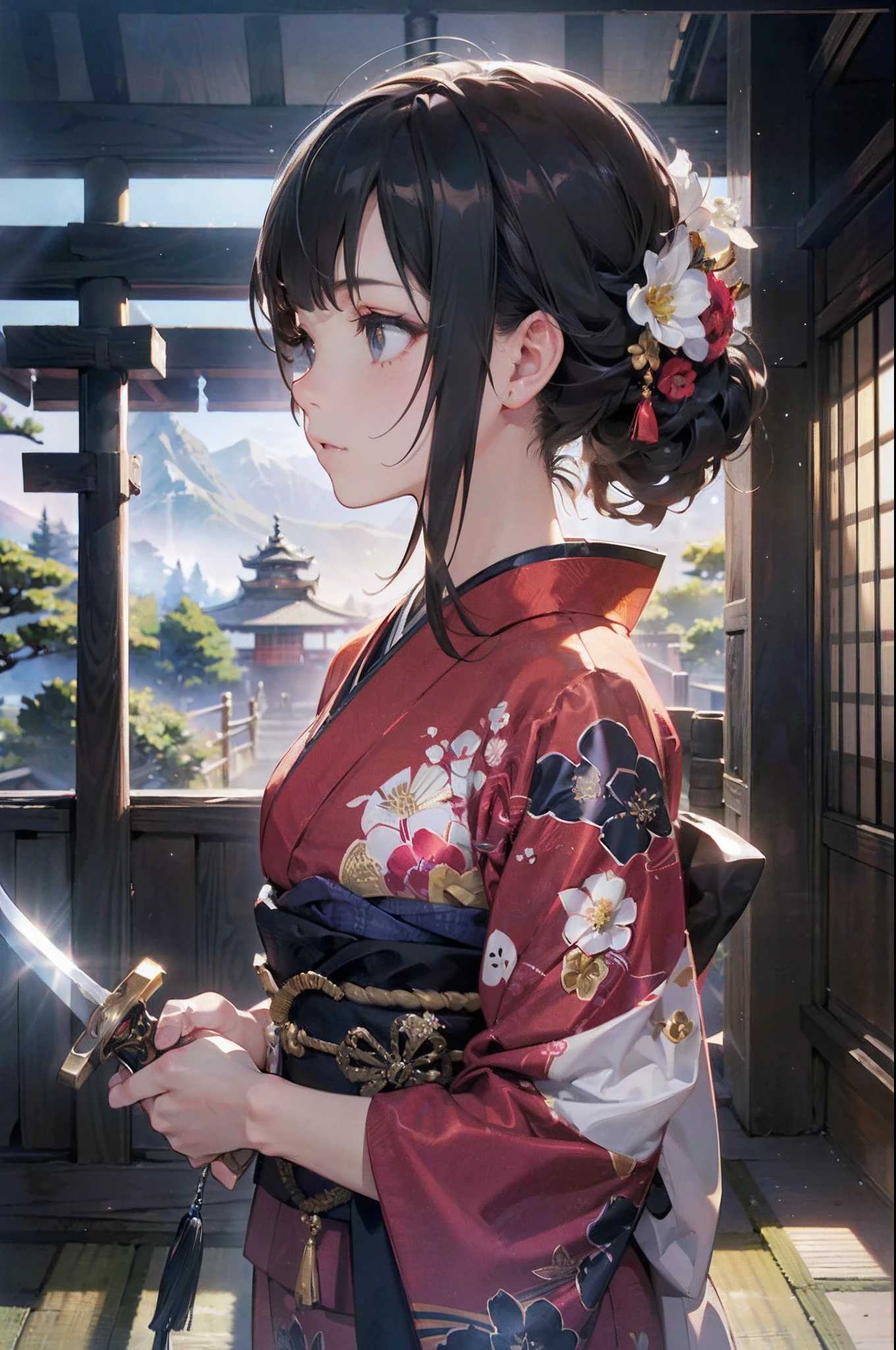 (Official art、Best Quality、Unity 8k Wallpapers、32K、masterpiece、ultra-detailliert、超A high resolution、realisitic、Photorealsitic:1.2)、(Cinematic lighting:1.2)、Fireglow effect、film grains、Best Shadows、Rim lighting、side lights、sideshot、(Ultra-detailed and complex 3D rendering)、Detailed beautiful face and eyes、A slender、Medium bust、(Full body:1.2)、 Highly detailed background、beauitful face、blurry backround、a beauty girl、(super detailed skin、detailed skin textures:1.3)、Beautiful black hair、long、Floral kimono、A lot of bellflower grows、20Old beauty、Mystical、(Japan have a sword:1.3)