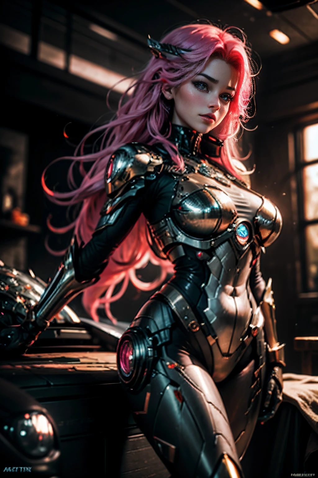 top quality, future world, State-of-the-art robot, Beautiful Woman, flying hair, Transformed into a cyborg except for the face, sexy images, whole body photo, ((old mimic)), big lid