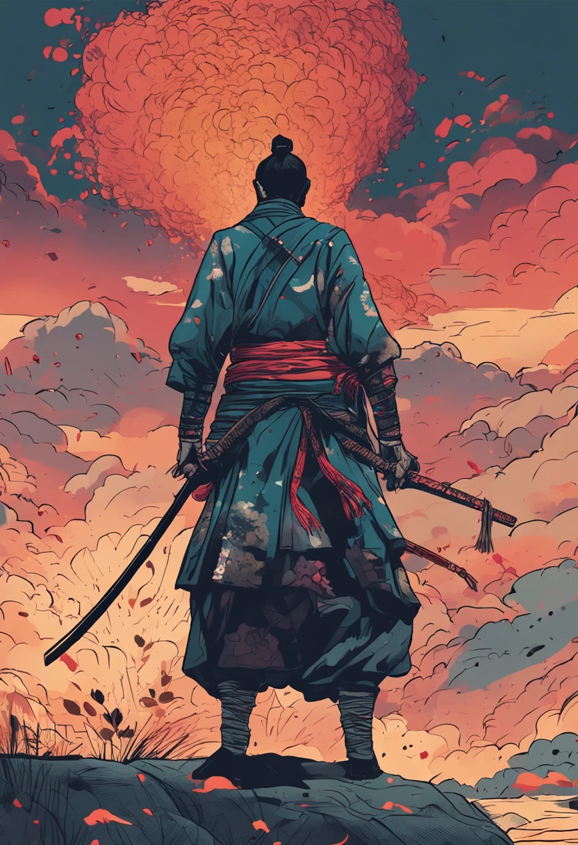 The samurai drawing the sword has a scene of explosion behind it, and the sword is full of light