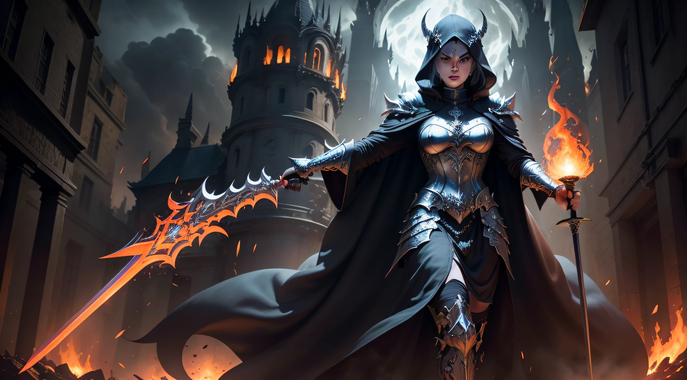 "An intimidating villain cloaked in silver and black robes, wielding the unforgiving power of hellfire. Adorned in medieval armor, brandishing a menacing sword and a staff emanating infernal energy. Set against the backdrop of an ancient city engulfed in flames and destruction. Exceptional quality."