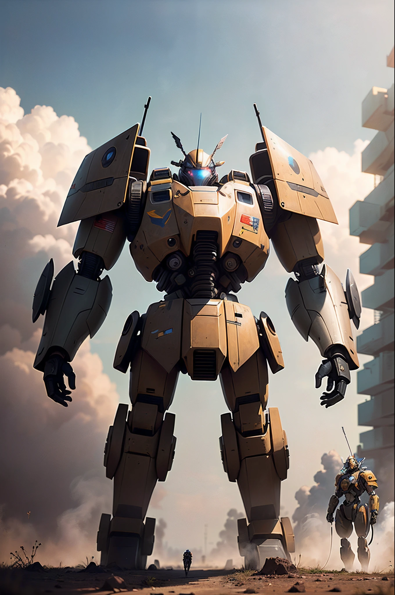 Mech pilot,shelmet,miltary,Mecha group photo,battlefiled,smoke of gunpowder,