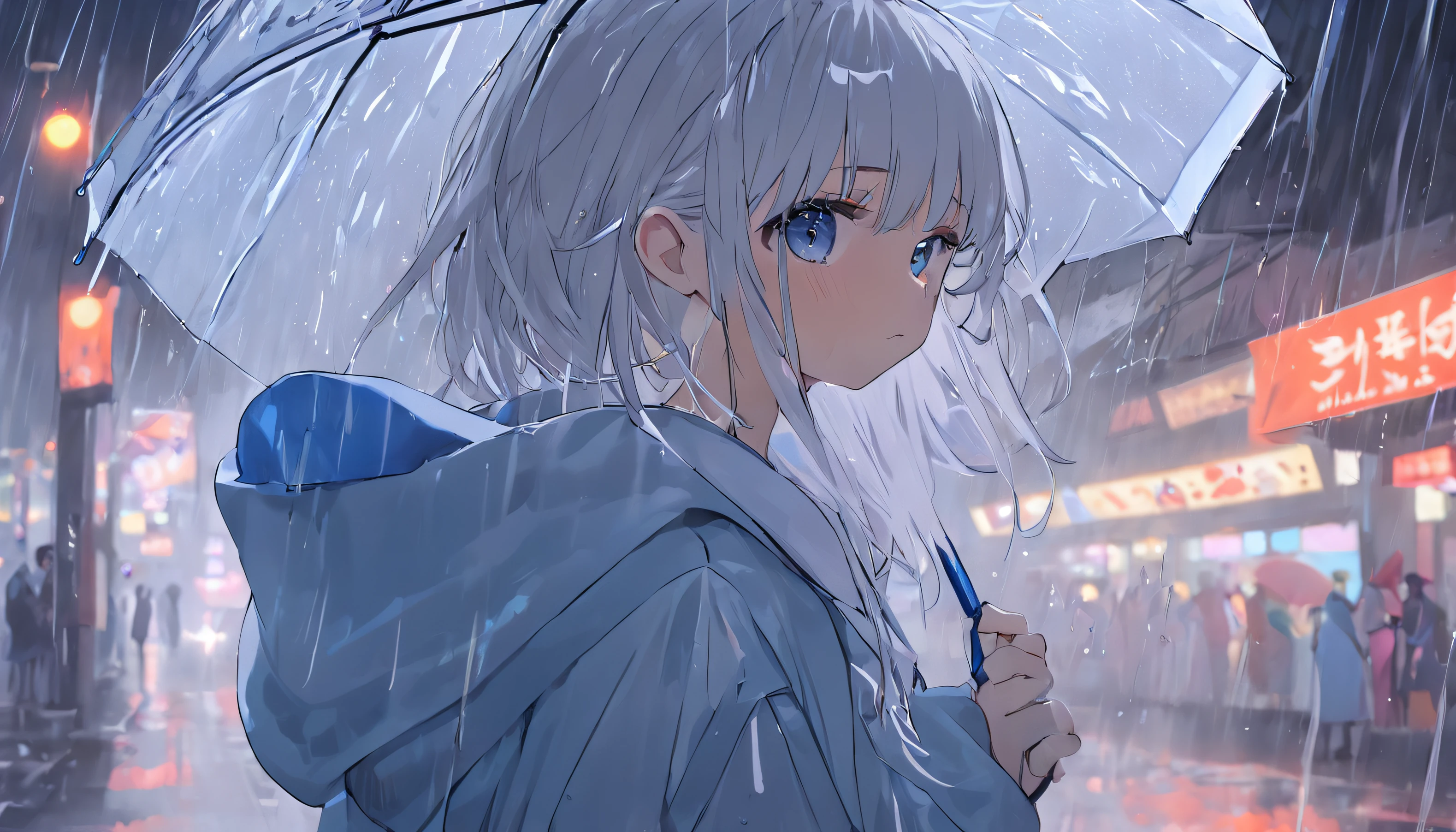 Rainy days,janelas,the woods,Rain drops、long white hair、Blue pupil、delicate picture、Sweatshirt、White mid-tube socks、Short pleated skirt、Crewneck sweatshirt、Hold a transparent umbrella with one hand