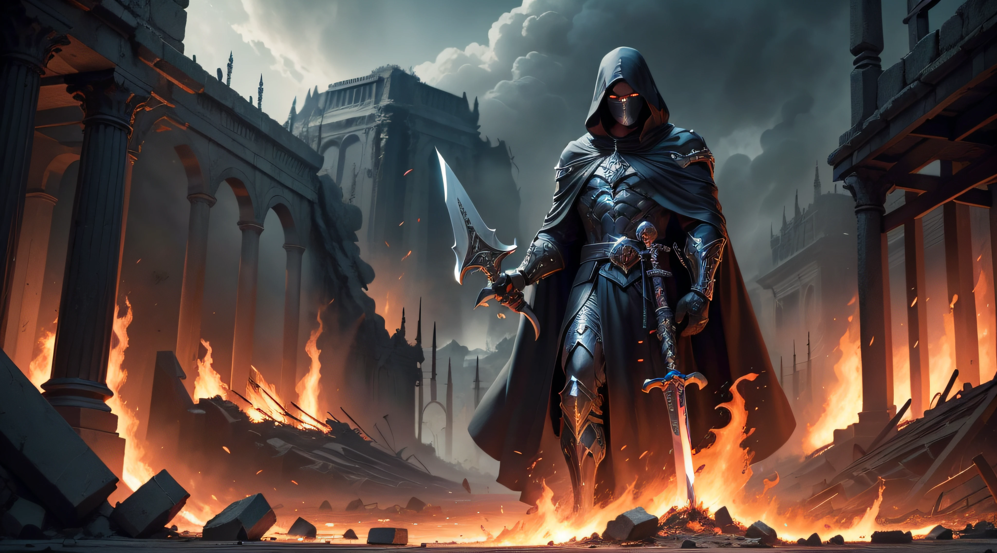 "A powerful villain clad in a black robe, harnessing the destructive force of hellfire, brandishing a menacing sword and a fearsome hell mace, stands defiantly amidst the remnants of an ancient city consumed by raging flames and utter devastation. The scene is rendered with remarkable quality and attention to detail."